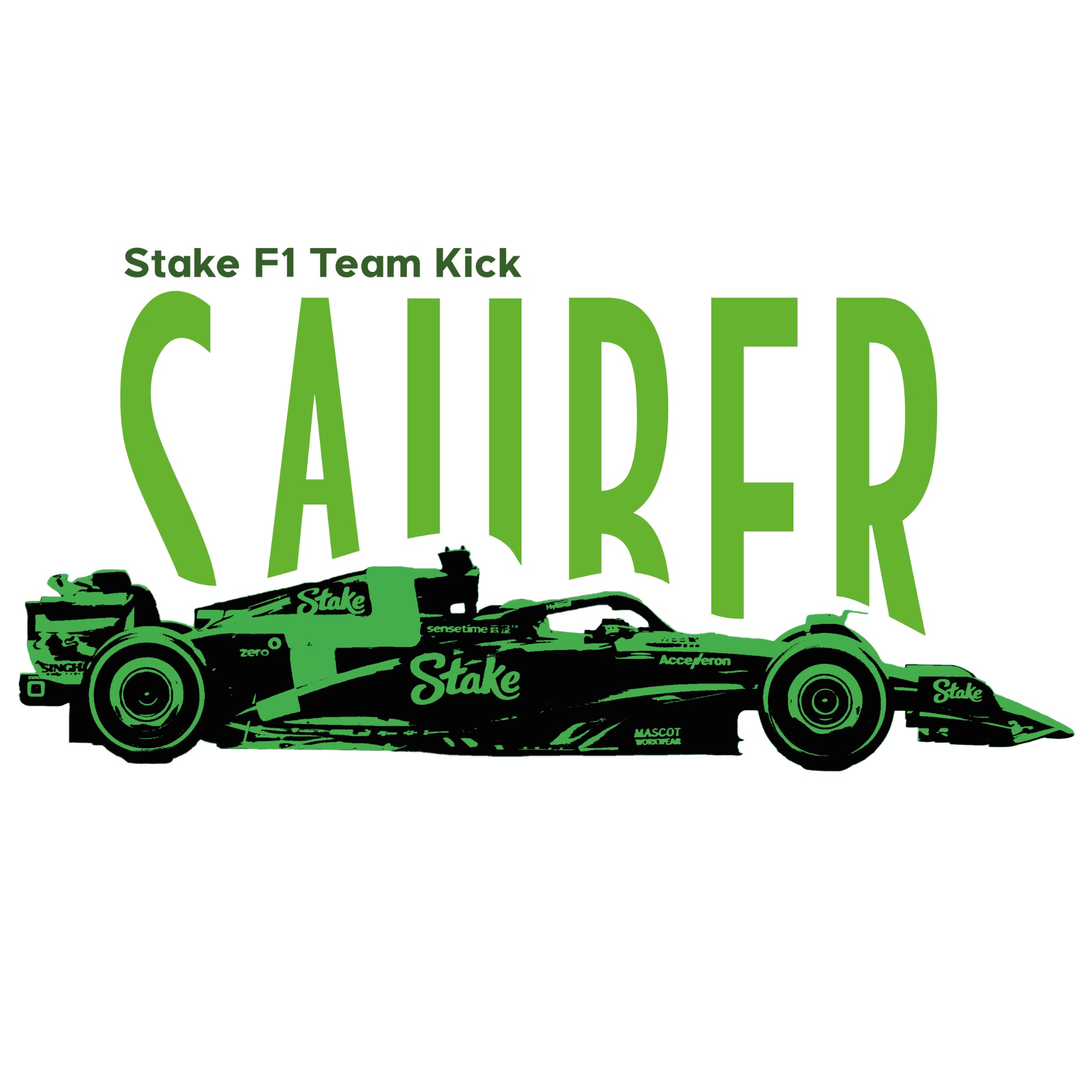 Grafika wektorowa bolidu Formuły 1 w barwach Stake, z dużym zielonym napisem 'CAUURER' i logotypami sponsorów. Design koszulki o tematyce F1.