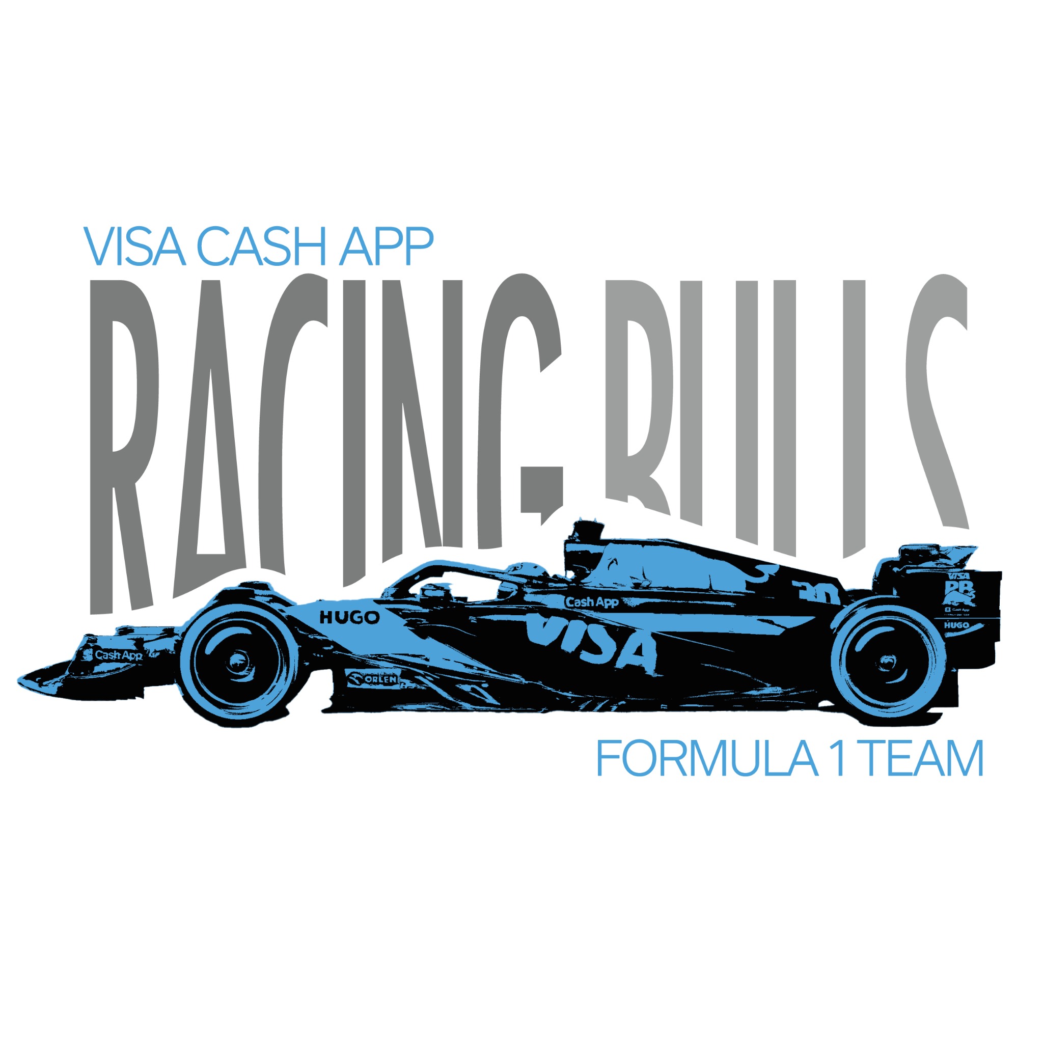 Grafika wektorowa bolidu Formuły 1 w niebiesko-czarnej kolorystyce z logotypami sponsorów i napisem 'RACING BULLS'. Design koszulki o tematyce Formuły 1.