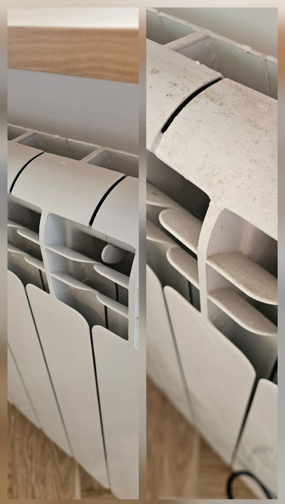 Zdjęcie 'przed i po' czyszczenia białego, aluminiowego grzejnika żeberkowego, ukazujące różnicę w czystości między prawą (brudną) a lewą (wyczyszczoną) stroną.