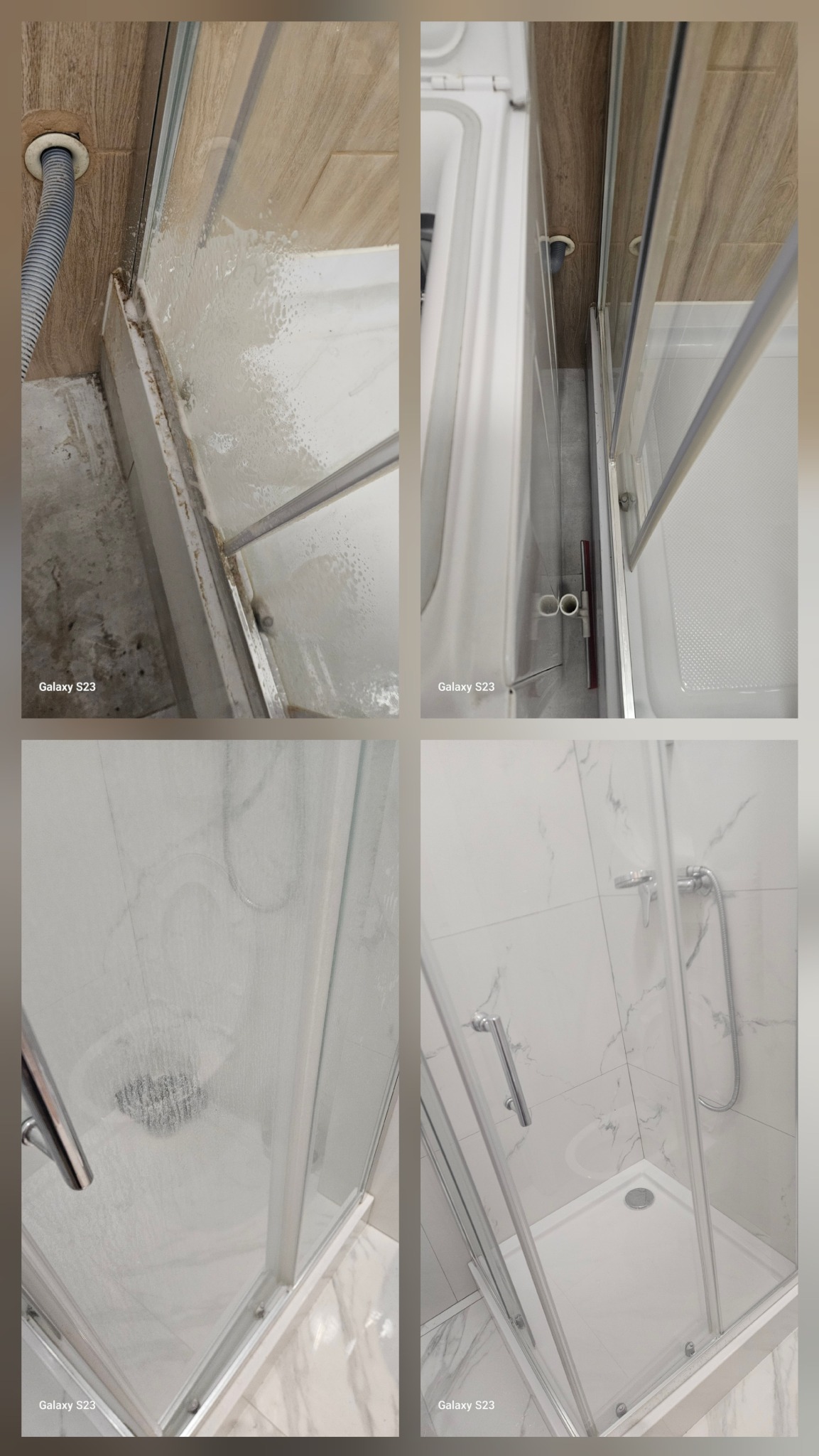 Szczegółowe ujęcie kabiny prysznicowej przed i po czyszczeniu, ukazujące różnicę w czystości szkła i fug. Widoczne pozostałości mydlin i zacieków.