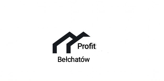 Logo firmy Profit z Bełchatowa, przedstawiające stylizowany zarys domu w czerni, umieszczone na białym tle. Minimalistyczny design.