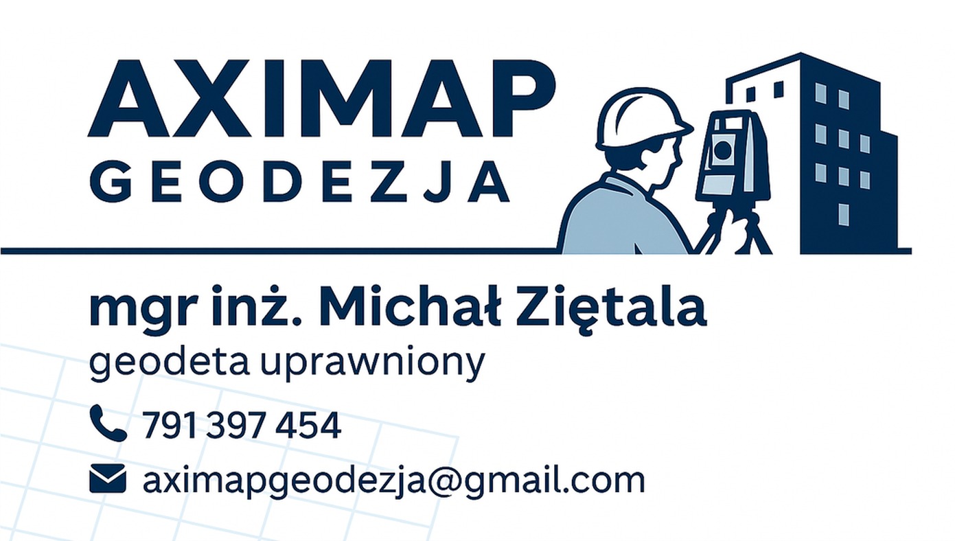 Logo firmy geodezyjnej Aximap Geodezja, przedstawiające geodetę z niwelatorem na tle budynku, z danymi kontaktowymi mgr inż. Michała Ziętala.