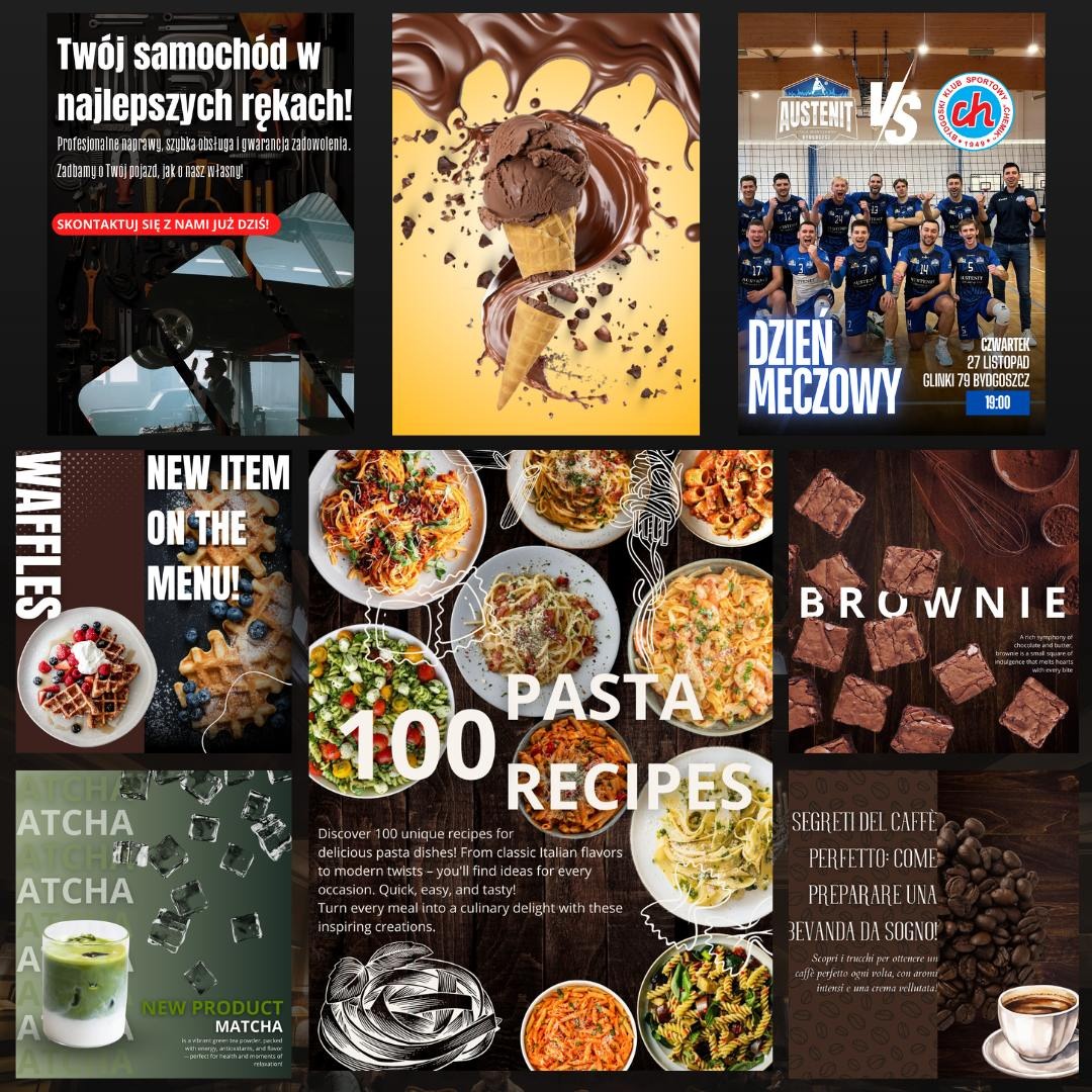 Kompozycja kolażu z grafikami: reklama warsztatu, lodów, meczu siatkówki, gofrów, makaronu, brownie, kawy i matcha. Różnorodne motywy w jednym kadrze.