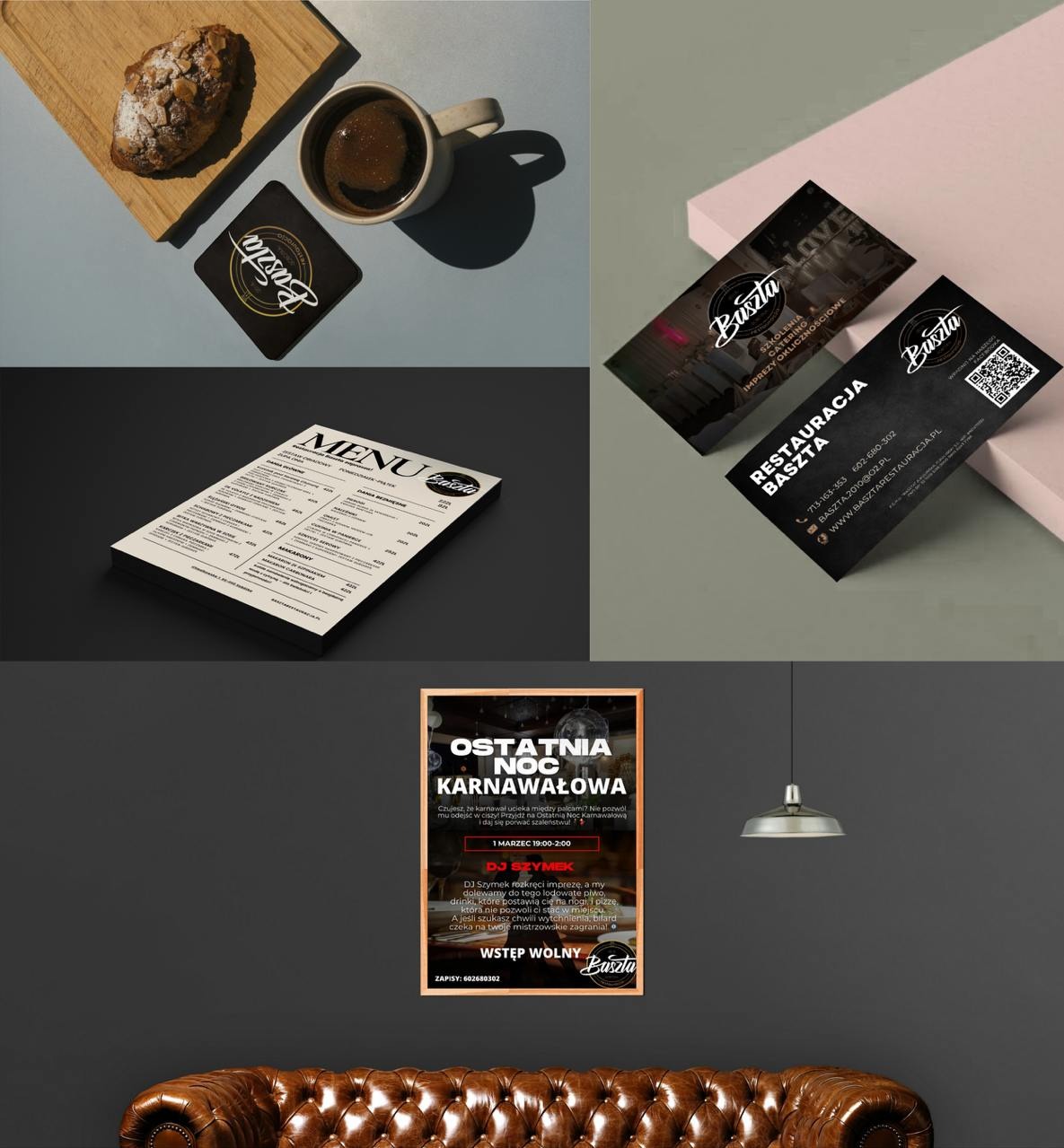 Kompozycja graficzna z menu restauracji, wizytówkami, plakatem imprezy karnawałowej, ciastkiem i kawą, prezentująca ofertę restauracji Baszta.