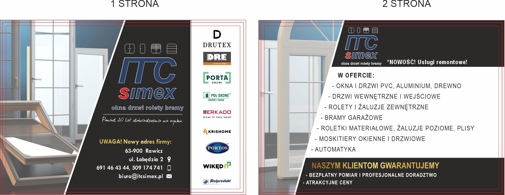 Reklama firmy Simex: okna, drzwi, rolety, bramy. Oferta obejmuje okna PCV, drzwi wewnętrzne i zewnętrzne, rolety zewnętrzne, bramy garażowe, moskitiery i automatykę.