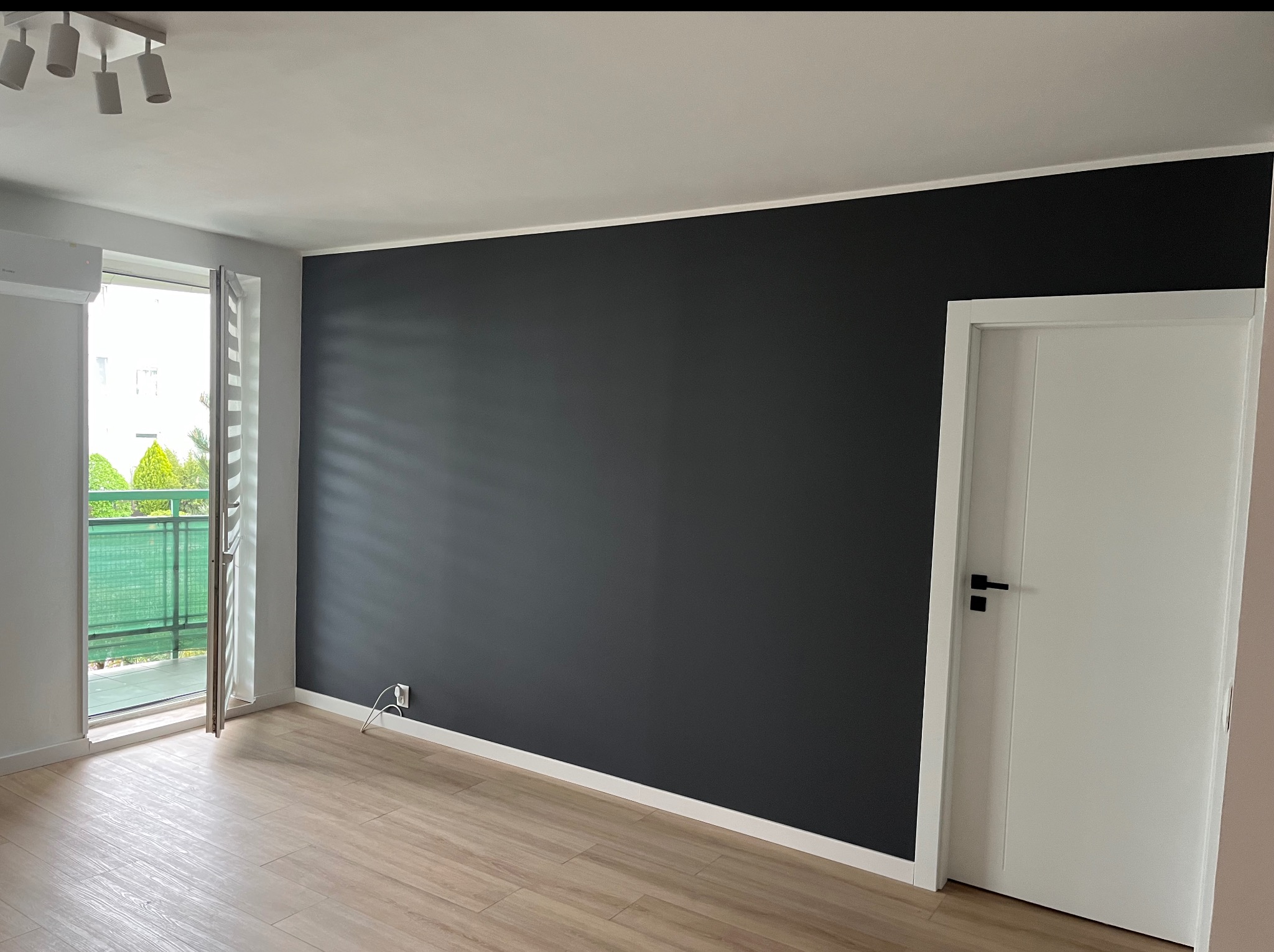 Minimalistyczne wnętrze: ciemna ściana kontrastuje z jasną podłogą i drzwiami. Widok na balkon z roślinnością. Nowoczesne oświetlenie punktowe.