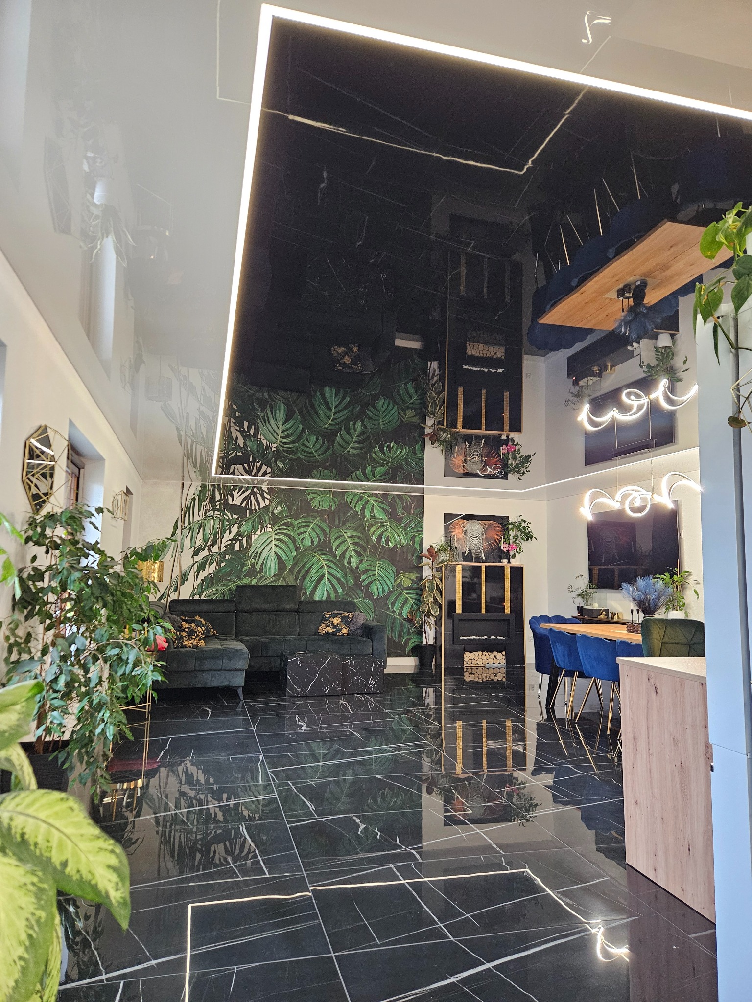 Nowoczesne wnętrze z czarną, lustrzaną podłogą i sufitem, oświetleniem LED, roślinami doniczkowymi i tapetą w motywy roślinne. Widoczny fragment salonu i jadalni.