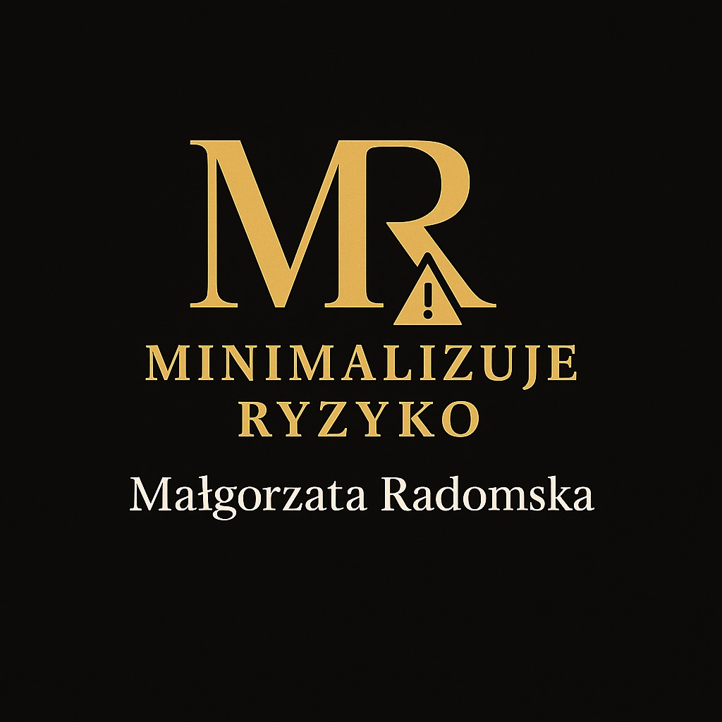 Eleganckie logo firmy 'Minimalizuje Ryzyko' Małgorzaty Radomskiej na czarnym tle, z symbolem ostrzeżenia wkomponowanym w literę R. Złote litery i minimalistyczny design.