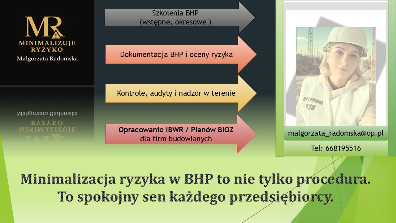Grafika informacyjna firmy BHP: logo, zakres usług (szkolenia, dokumentacja, kontrole, plany BIOZ), zdjęcie kobiety w kasku na tle budowy, dane kontaktowe.