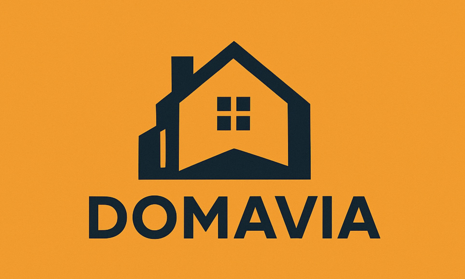 Logo firmy budowlanej DOMAVIA: stylizowany dom z oknami, ciemny odcień na pomarańczowym tle. Minimalistyczny design, nowoczesna typografia.