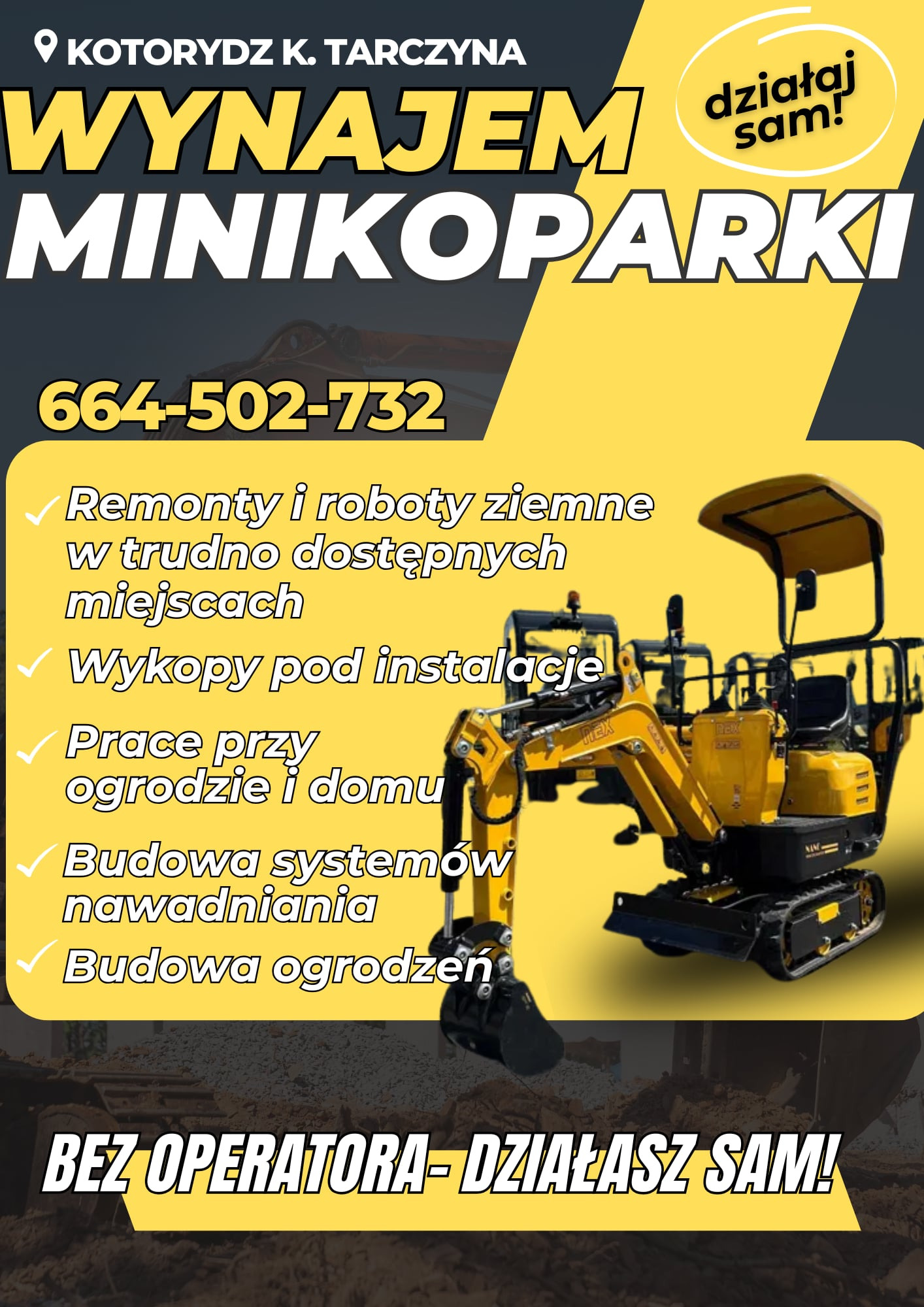 Żółta minikoparka na grafice reklamowej z zakresem usług: remonty, wykopy, prace ogrodowe, budowa systemów nawadniania i ogrodzeń. Wynajem bez operatora.