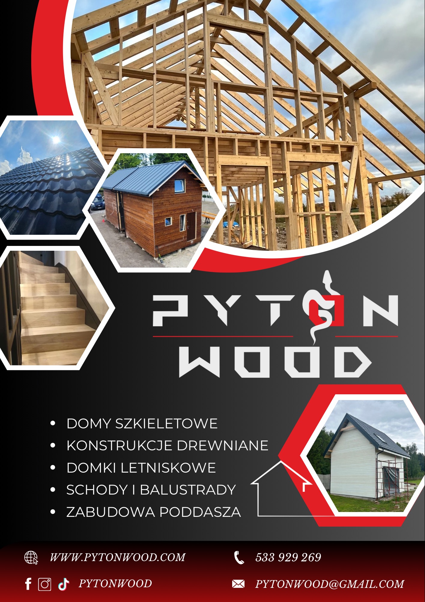 Reklamowy kolaż: konstrukcja domu szkieletowego w budowie, domki letniskowe, schody drewniane, dachówka. Wizytówka firmy Pyton Wood.