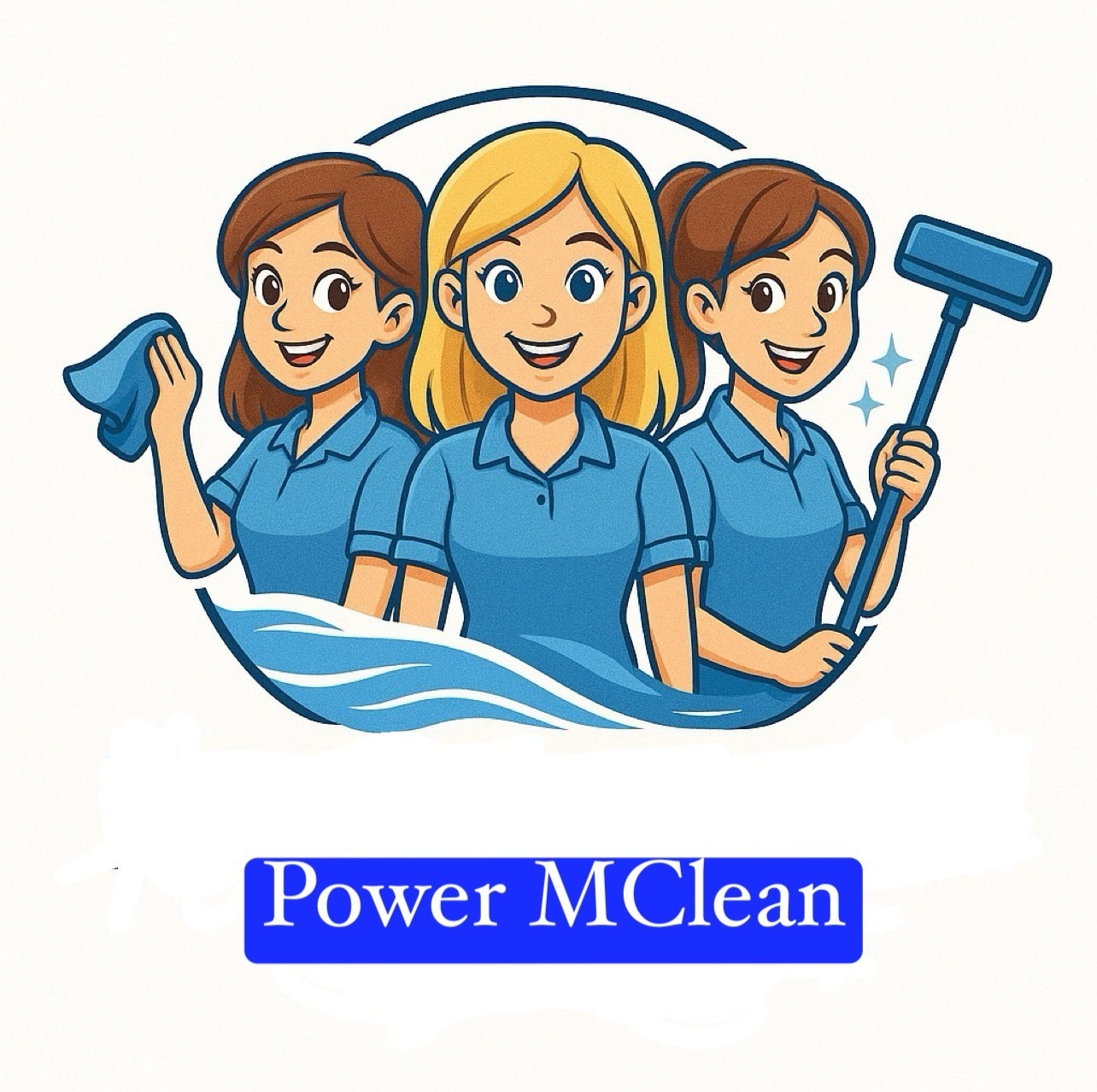 Grafika: Trzy uśmiechnięte kobiety w niebieskich uniformach, z mopem i ścierką, symbolizujące firmę sprzątającą Power McLean.