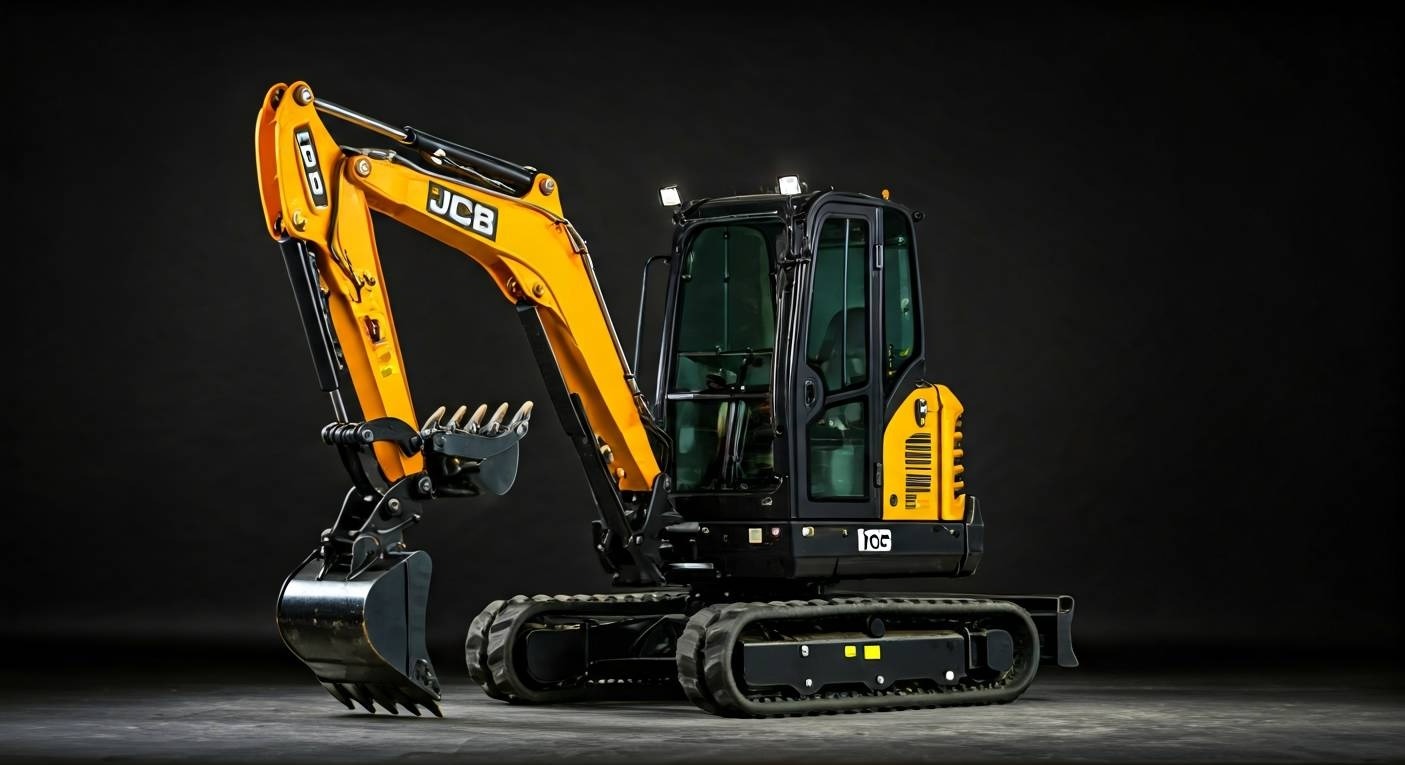 Żółto-czarna minikoparka JCB na gładkim tle, z wyraźnie widocznymi detalami kabiny, gąsienic i ramienia z łyżką. Oświetlenie studyjne podkreśla kształt maszyny.