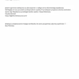 Skan referencji i podziękowań za dopieszczenie workbooka, z adresami stron internetowych Moniki Skaji i Claudii Domżał, oraz imieniem i nazwiskiem Ewy Piwnickiej.