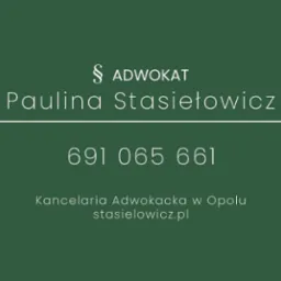 Wizytówka Kancelarii Adwokackiej Paulina Stasiełowicz w odcieniach zieleni z numerem telefonu i adresem strony internetowej.