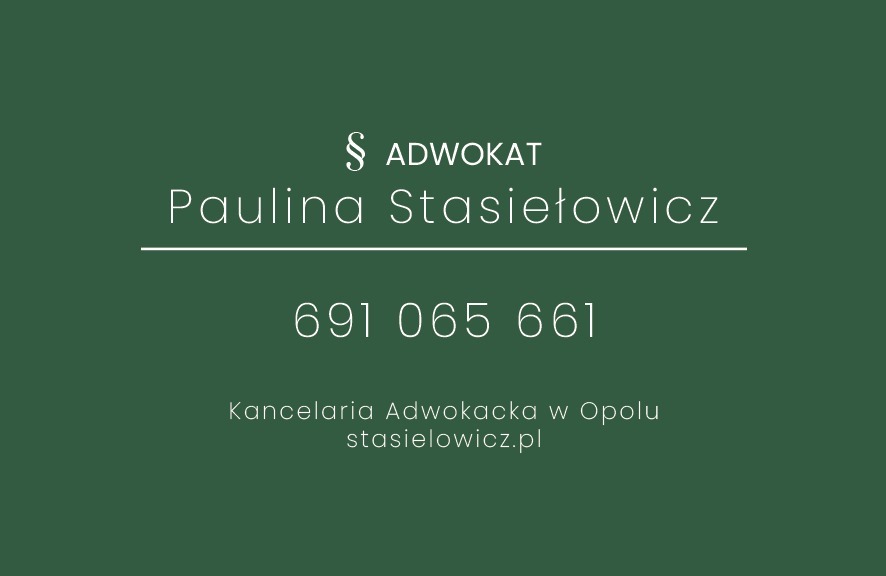 Wizytówka Kancelarii Adwokackiej Paulina Stasiełowicz w odcieniach zieleni z numerem telefonu i adresem strony internetowej.