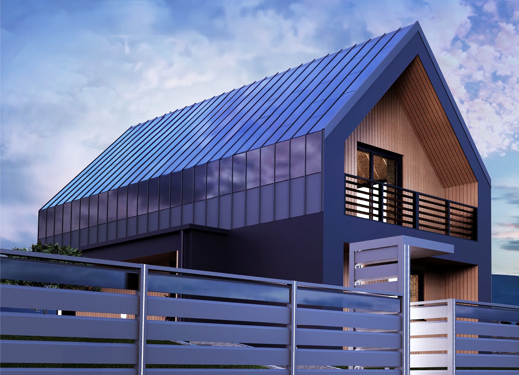 Wizualizacja nowoczesnego domu z ciemną fasadą, metalowym dachem i drewnianym wykończeniem szczytu. Uwagę zwraca minimalistyczne ogrodzenie z poziomych paneli.