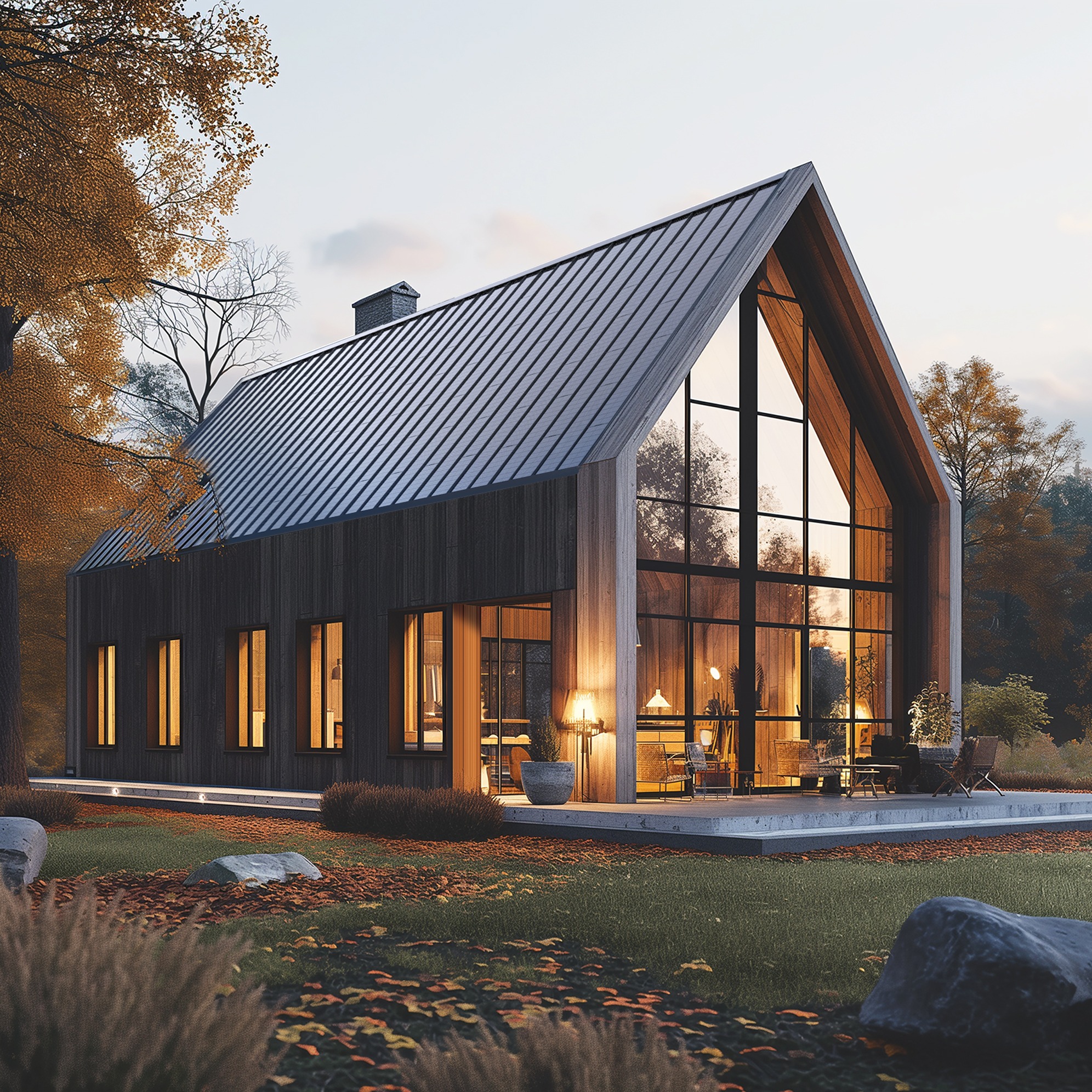Nowoczesny dom z dachem z blachy na tle jesiennego krajobrazu. Duże okna, drewniana elewacja i subtelne oświetlenie podkreślają architekturę.
