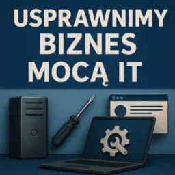 Grafika: 'Usprawnimy biznes mocą IT'. Obok laptopa z ikoną koła zębatego, serwer, śrubokręt i okno przeglądarki. Stonowana kolorystyka, stylizowane na 3D.