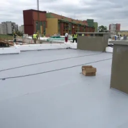 Jasnoszary dach płaski z dwoma kominami i pracownikami w tle. Na dachu kartonowe pudło. Budynki w tle. Dzień.