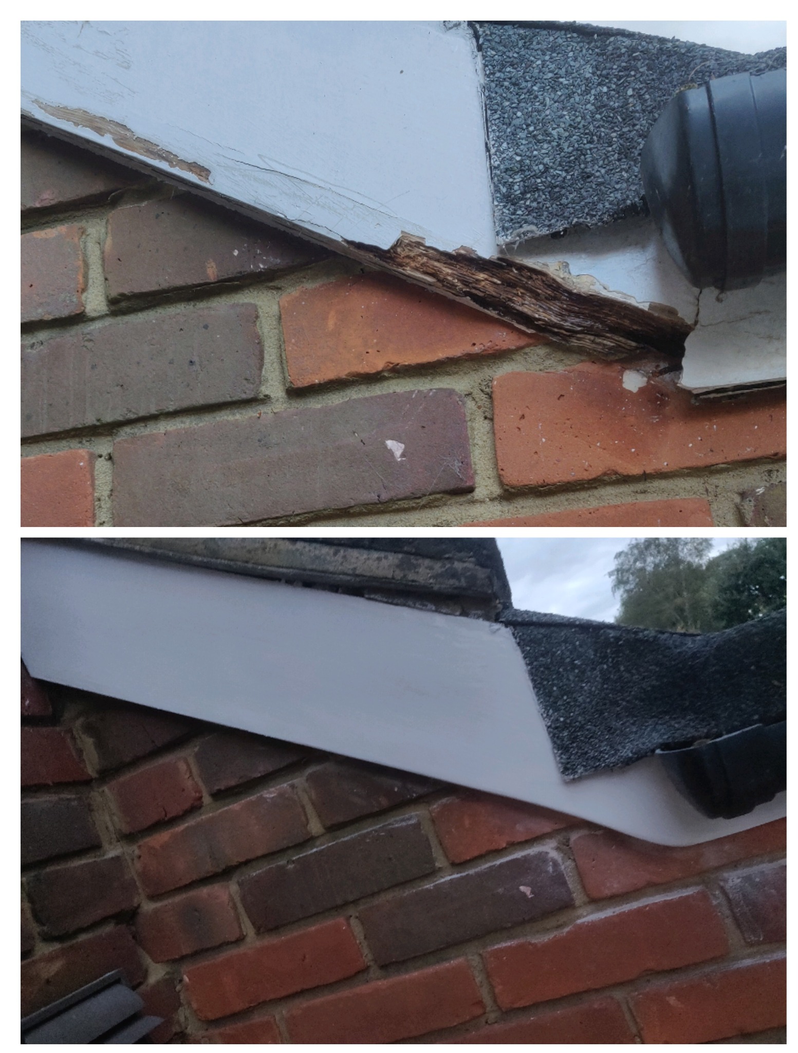 Zdjęcie 'przed i po' odnowienia fragmentu dachu przy ceglanym murze. Widoczne uszkodzone drewno i nowa, pomalowana listwa. Kontrast z odświeżonym elementem.