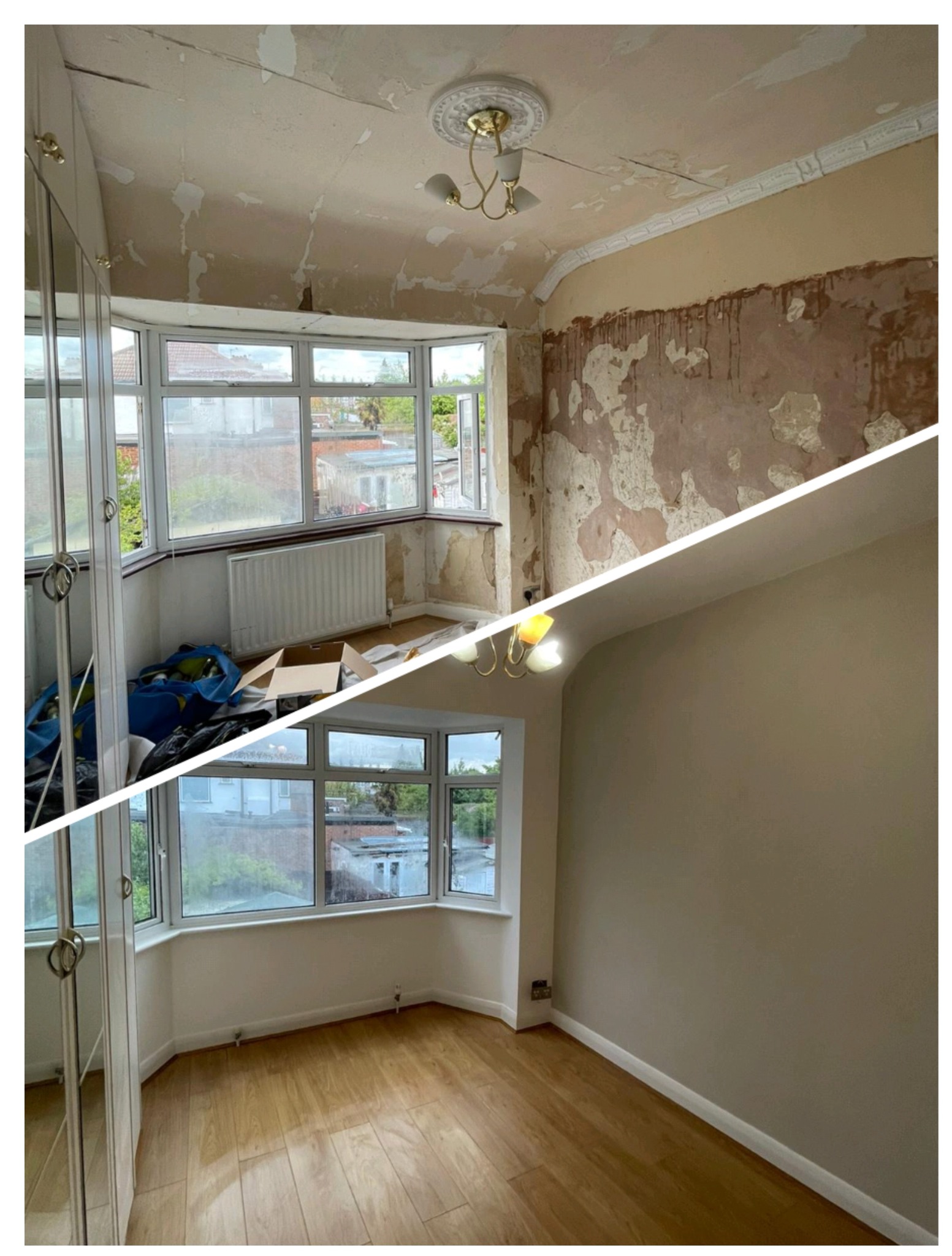 Pokój przed i po remoncie: widok na fragment sufitu ze śladami po szpachlowaniu i malowaniu, oraz odnowione ściany w odcieniach beżu i panele podłogowe.