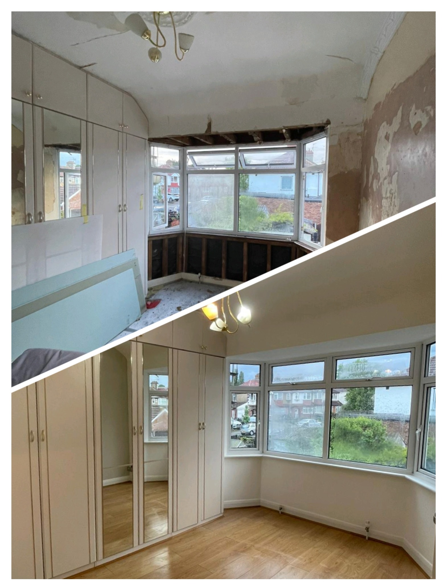 Zdjęcie 'przed i po' przedstawia pokój z oknem wykuszowym: górna część ukazuje stan przed remontem, z odsłoniętymi elementami konstrukcyjnymi, dolna - po remoncie, z gładkimi ścianami i nową podłogą.