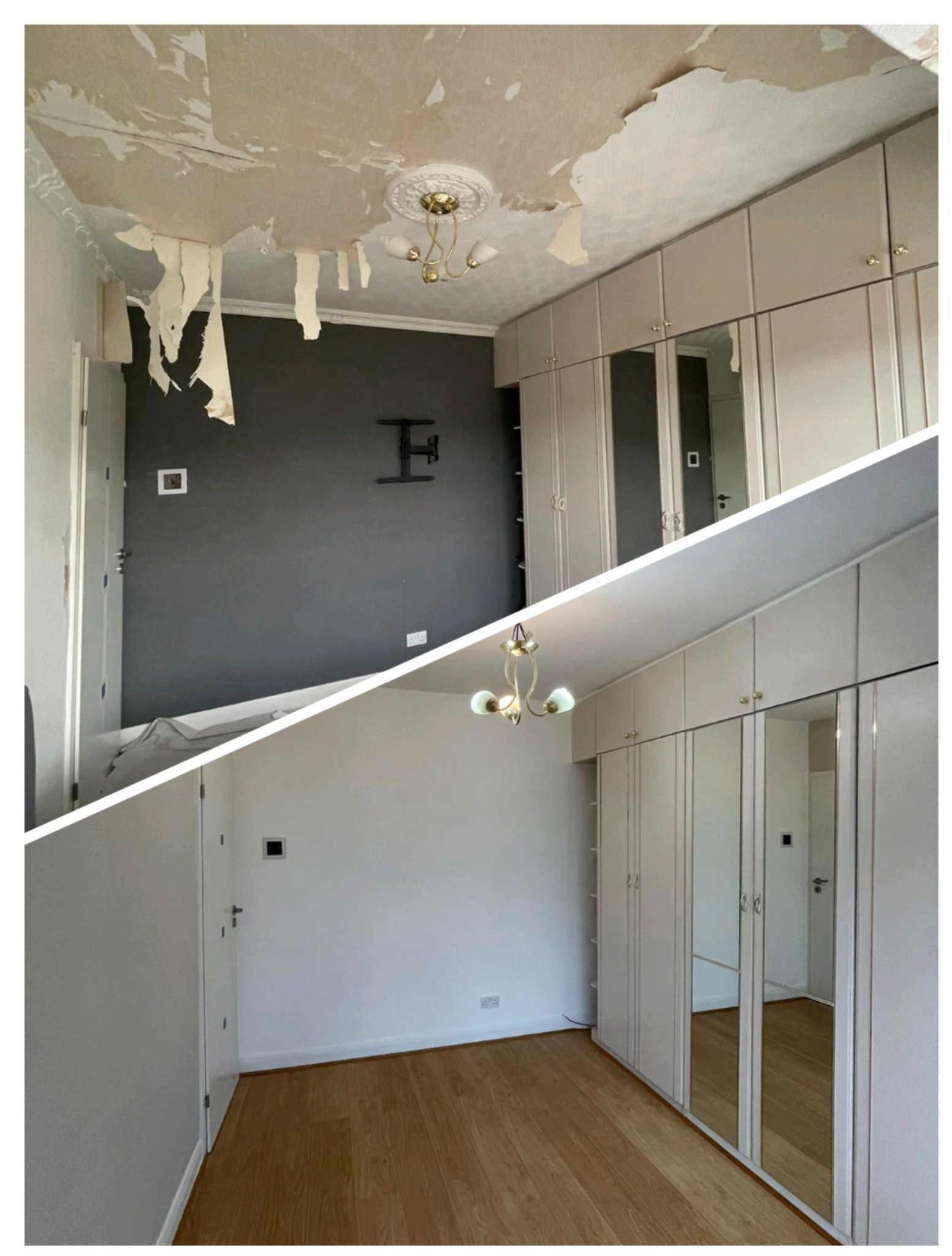 Pokój przed i po odświeżeniu: zniszczony sufit z odpadającą tapetą kontra gładki, biały sufit. Szara ściana zamieniona na białą, parkiet po renowacji.