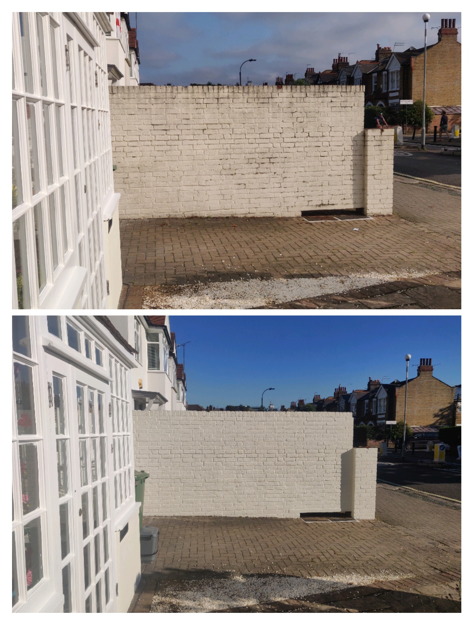 Zdjęcie 'przed i po' prezentujące mur z cegły pomalowany na biało. Na górnym ujęciu mur jest brudny, na dolnym - świeżo pomalowany, z widocznym zielonym śmietnikiem.