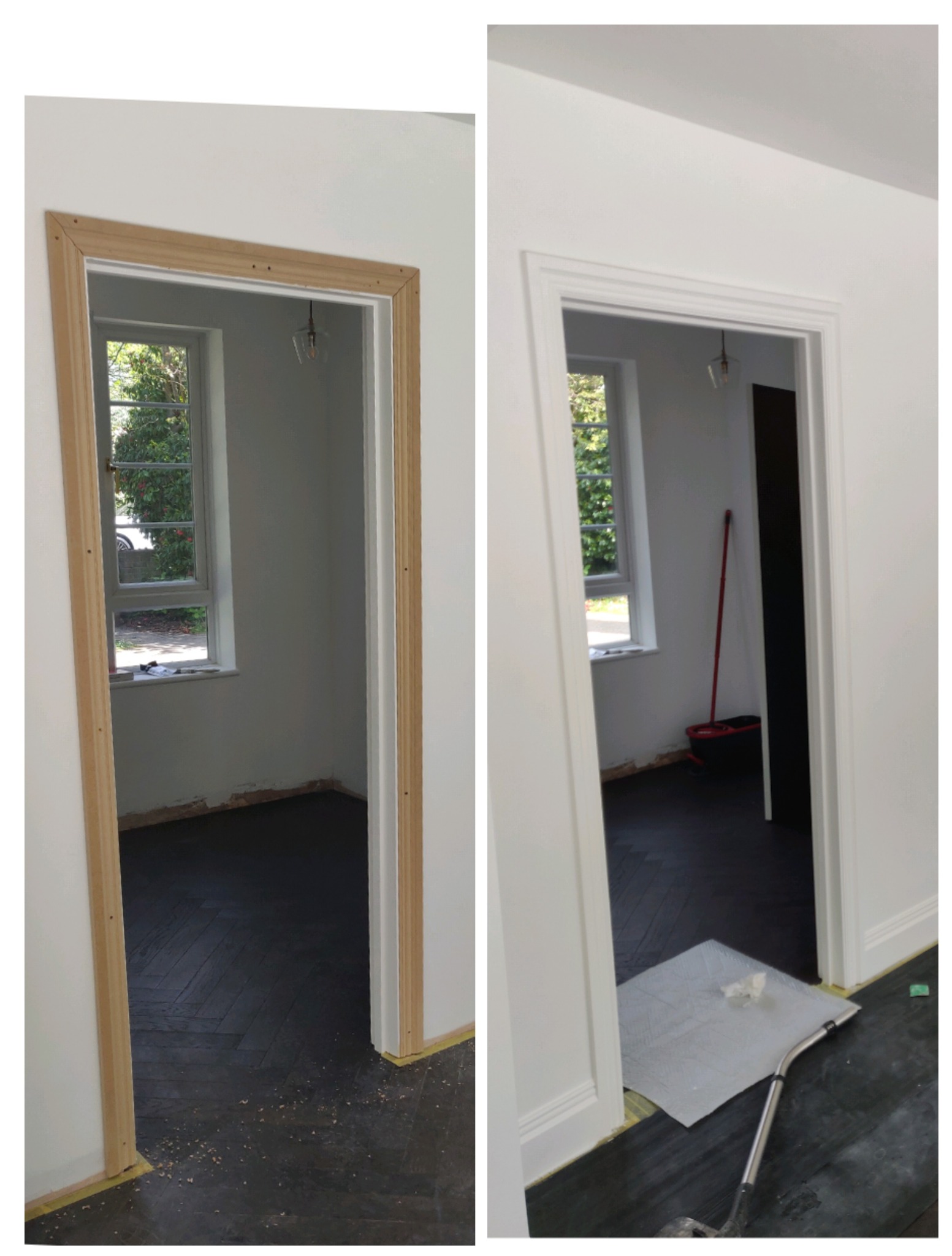 Zdjęcie 'przed i po' przedstawia montaż ościeżnicy drzwiowej. Po lewej surowa ościeżnica, po prawej pomalowana na biało, wykończona listwami. W tle widoczne okno i podłoga.