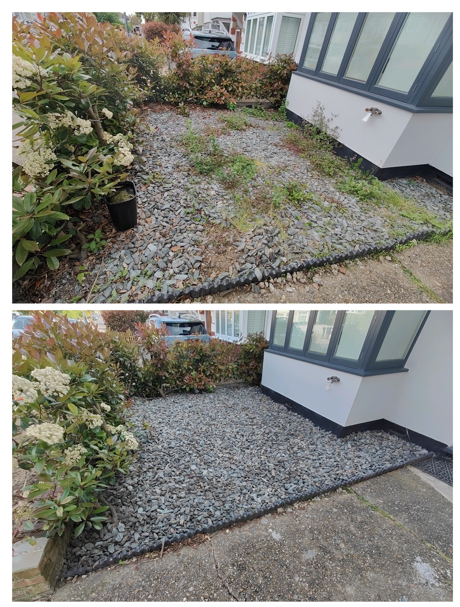 Zdjęcie 'przed i po' z uporządkowania terenu: zaniedbany teren z chwastami vs. wysypany kamieniami ozdobnymi, obrzeża z tworzywa. Widok z góry, rosnące krzewy po bokach.