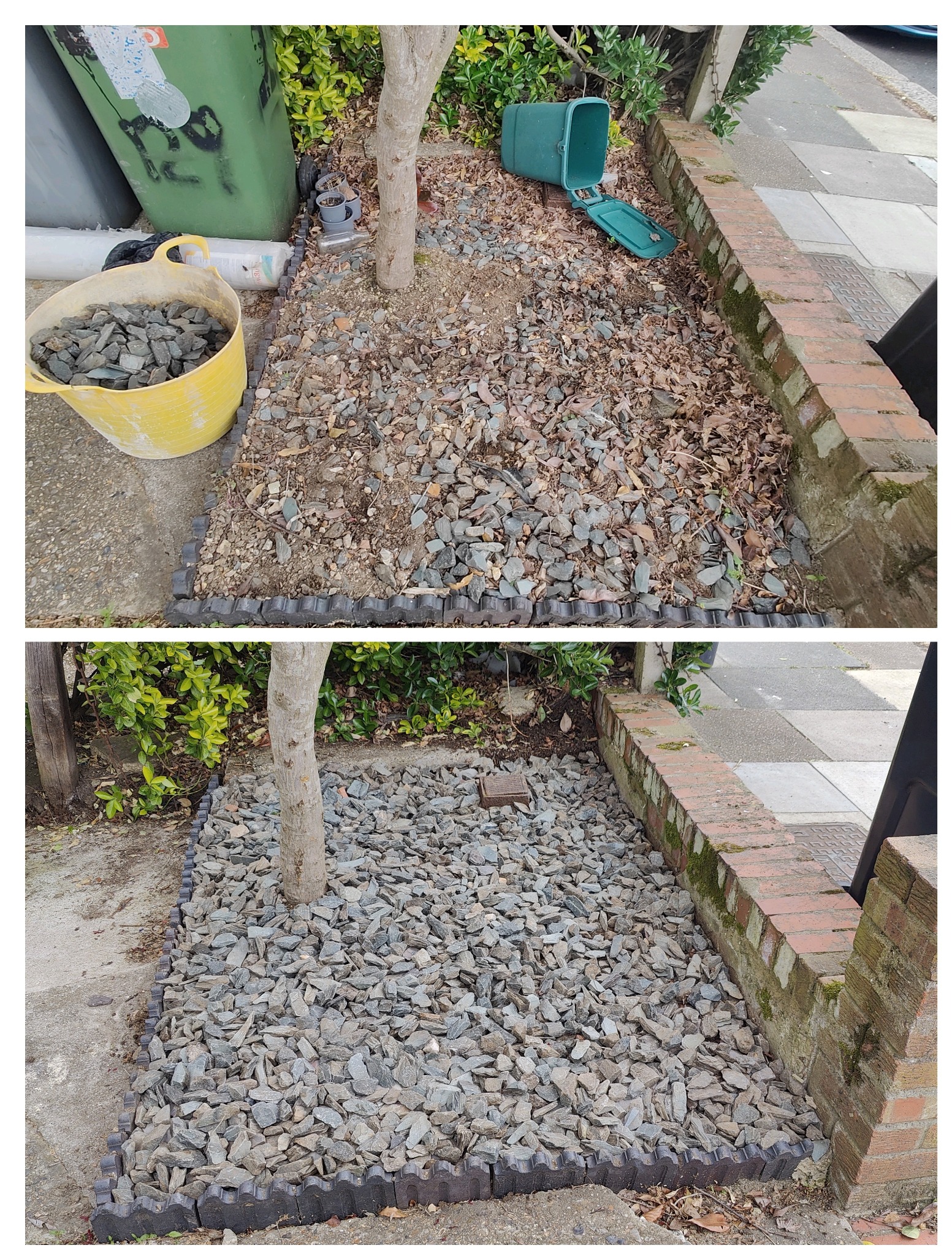Porównanie: teren przed i po wyłożeniu grysem ozdobnym wokół drzewa. Widoczne obrzeża, wiadro z grysem oraz liście na górnym zdjęciu.