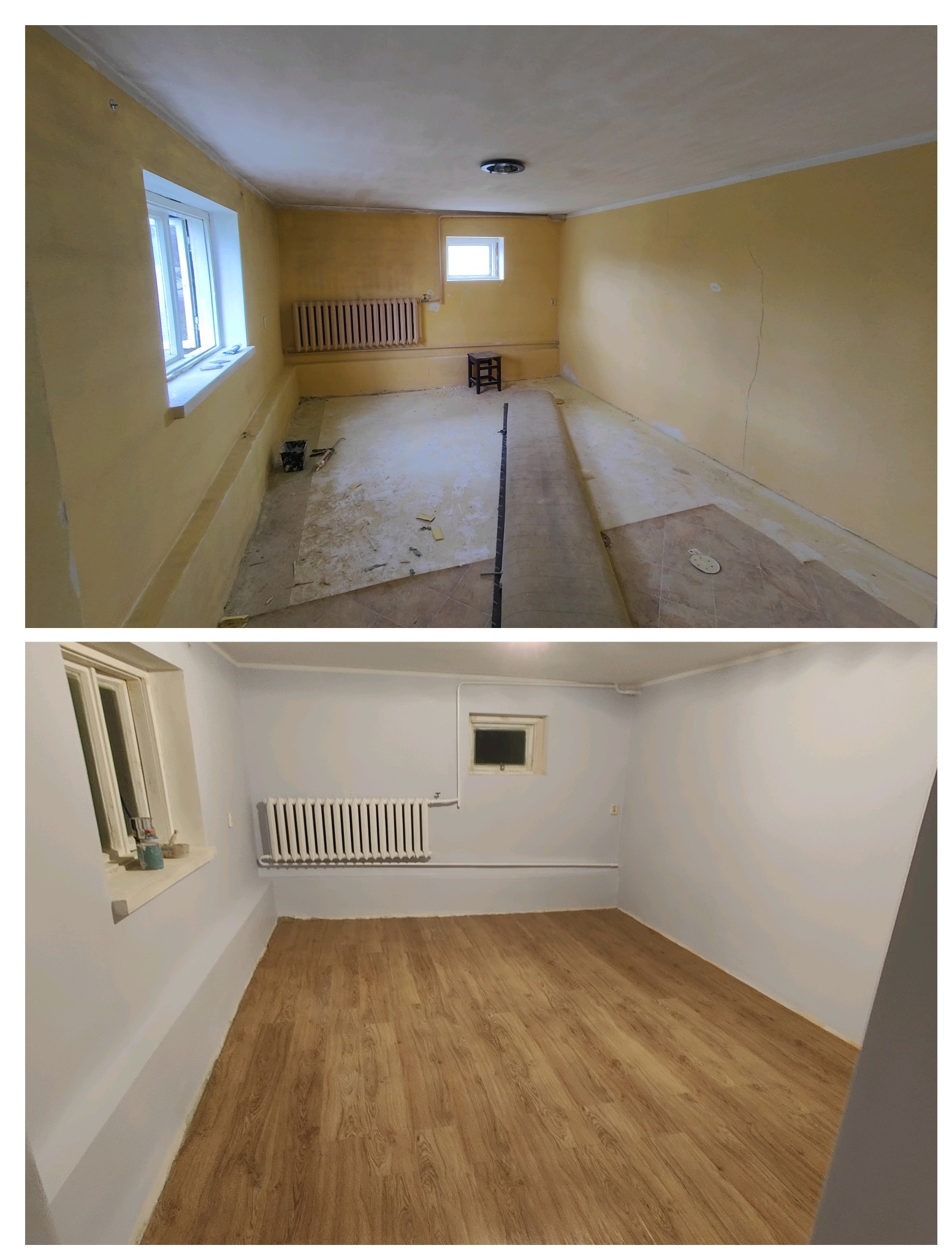 Zdjęcie 'przed i po' prezentujące metamorfozę pokoju: od żółtych ścian i surowego podłoża, po świeżo pomalowane ściany na biało i ułożoną drewnianą podłogę.