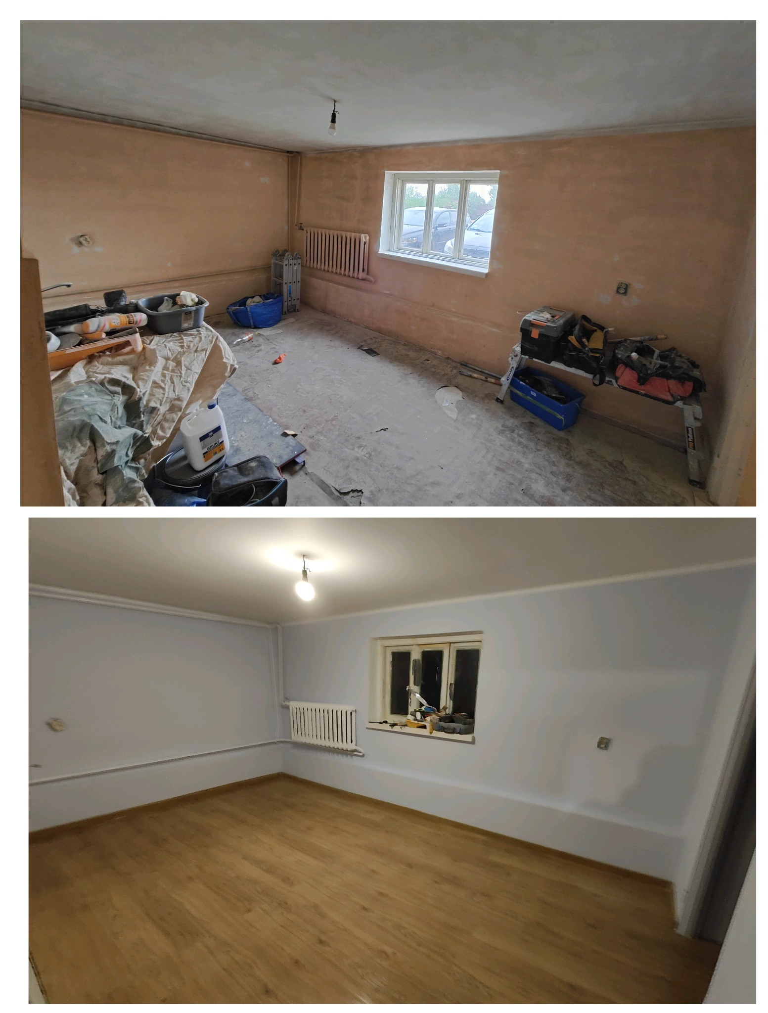 Zdjęcie 'przed i po' pokoju: surowe ściany i goła podłoga kontra świeżo pomalowane ściany i parkiet. Widoczne narzędzia i akcesoria malarskie.