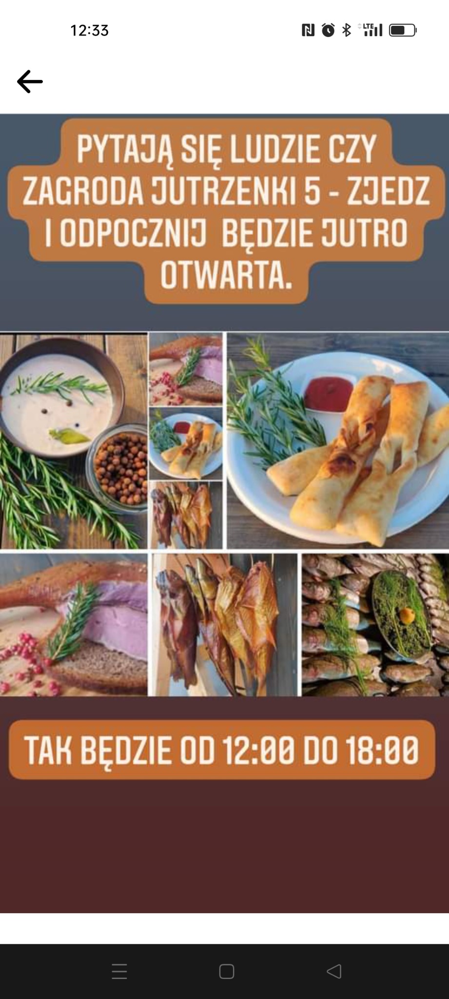 Kompozycja z różnorodnych dań: zupa krem, wędzone ryby, roladki i kanapki. Ogłoszenie o otwarciu Zagrody Jutrzenki 5 w godzinach 12:00-18:00.