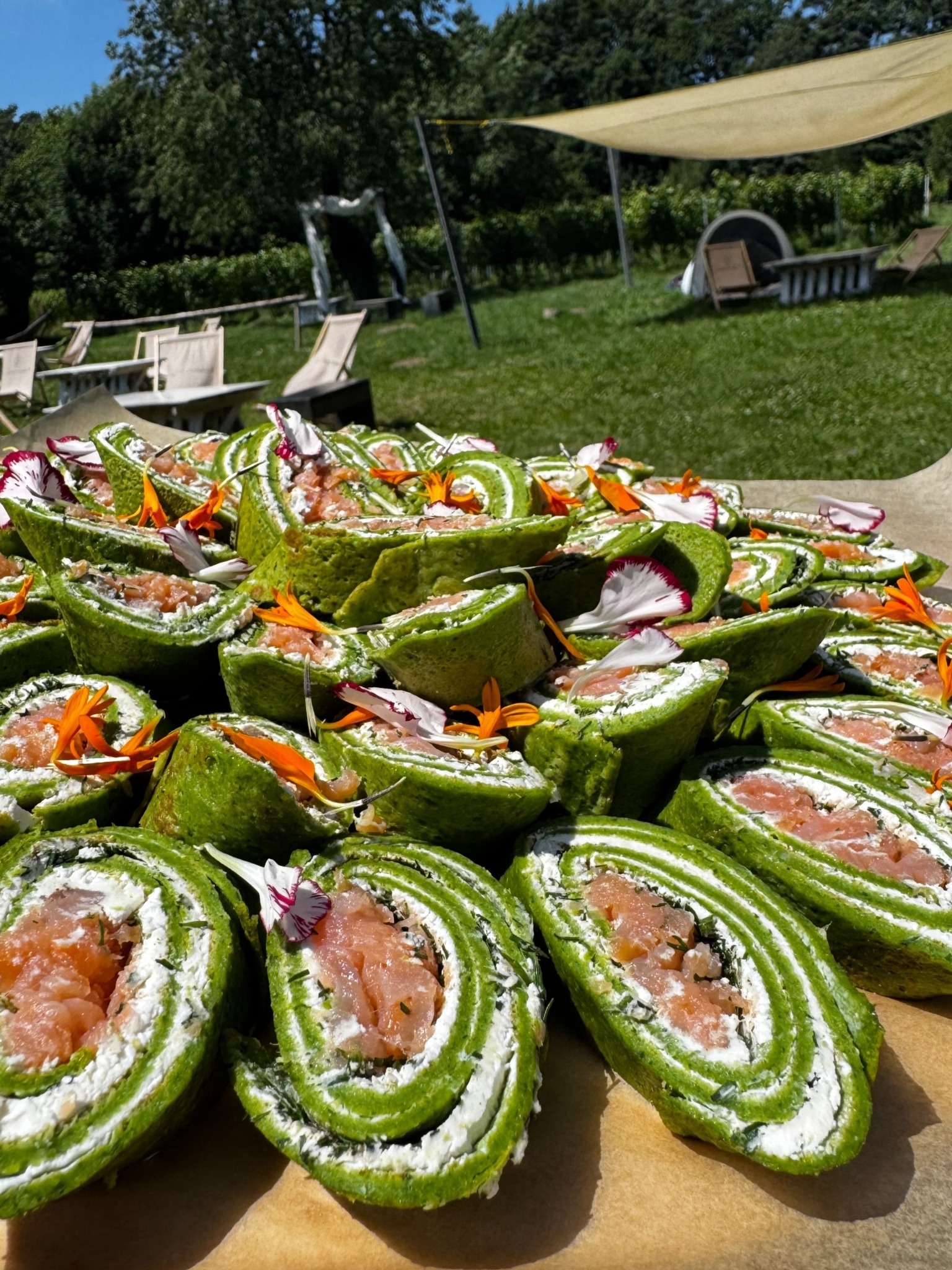 Kreatywnie ułożone roladki ze szpinakowych naleśników z łososiem i serkiem, udekorowane jadalnymi kwiatami na tle plenerowej scenerii z baldachimem.