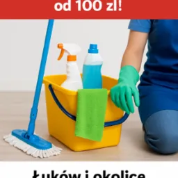 Kompletny zestaw do sprzątania: mop, wiadro z płynami i ściereczką, osoba w rękawicach gotowa do pracy. Oferta kompleksowego sprzątania mieszkań, domów i biur.