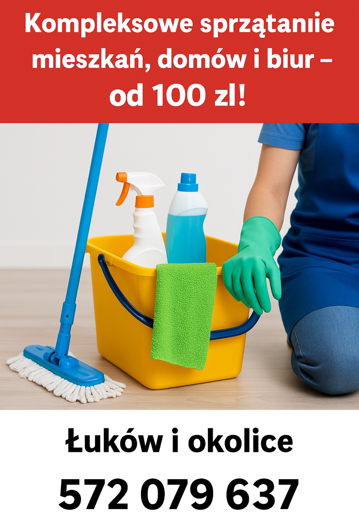 Kompletny zestaw do sprzątania: mop, wiadro z płynami i ściereczką, osoba w rękawicach gotowa do pracy. Oferta kompleksowego sprzątania mieszkań, domów i biur.