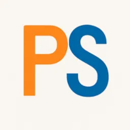 Grafika wektorowa z pomarańczową literą P i niebieską literą S na jasnym tle. Minimalistyczny design, czcionka bezszeryfowa, wyraźny kontrast kolorów.