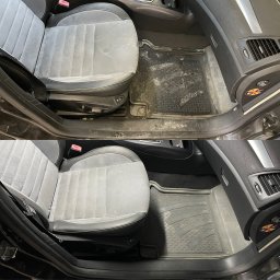 MATEUSZ WACŁAWEK PROCLEAN - Tapicerka samochodowa przed i po czyszczeniu: szary fotel z plamami i dywanik vs. czysty fotel i dywanik. Widoczne detale wnętrza auta.