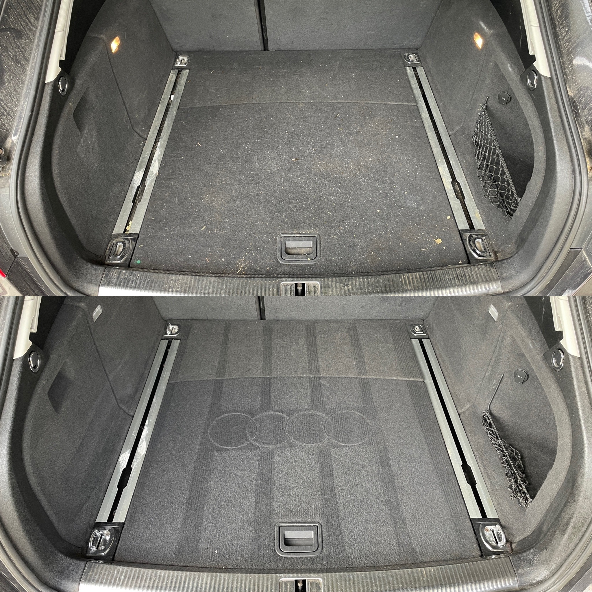 Tapicerka bagażnika auta przed i po praniu. Górna część z widocznymi zabrudzeniami, dolna po czyszczeniu z odciśniętym logo marki Audi.