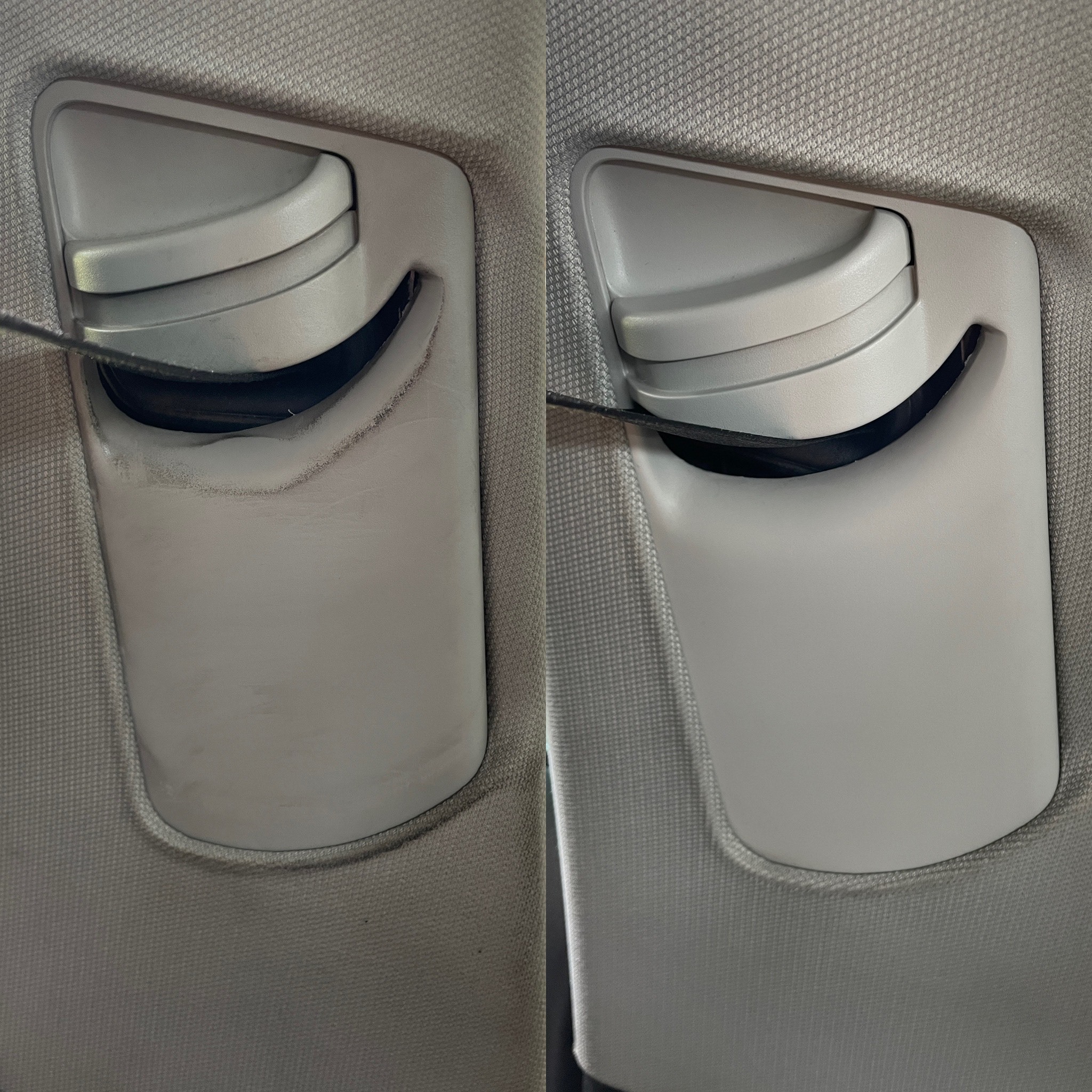 Zdjęcie 'przed i po' czyszczenia podsufitki samochodowej, ukazujące wyraźną różnicę w wyglądzie elementu po usunięciu zabrudzeń. Widoczny detal struktury tapicerki.