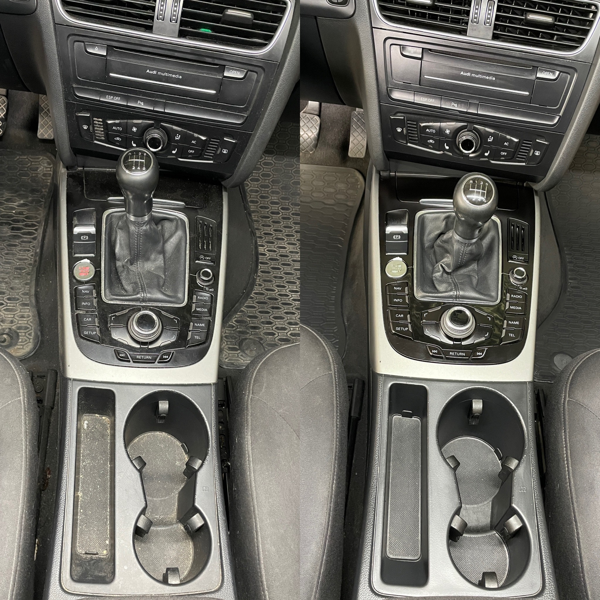 Zdjęcie 'przed i po' wnętrza samochodu, ukazujące różnicę w czystości konsoli środkowej, w tym uchwytów na napoje oraz panelu sterowania. Widoczna zmiana na plus po czyszczeniu.