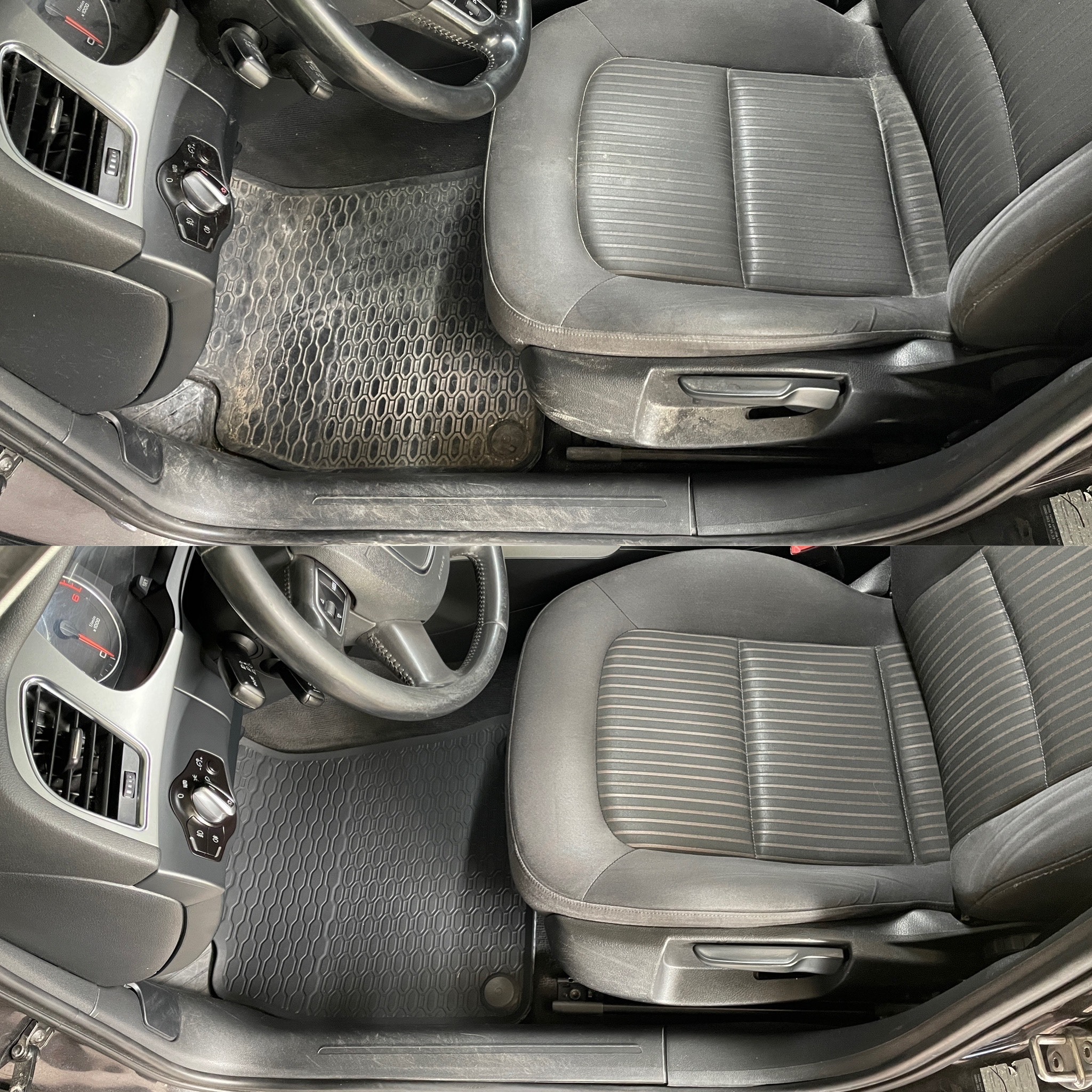 Czyszczenie wnętrza auta: fotel i dywanik przed i po. Widoczna różnica w czystości tapicerki i gumowej wycieraczki. Detailing samochodowy.