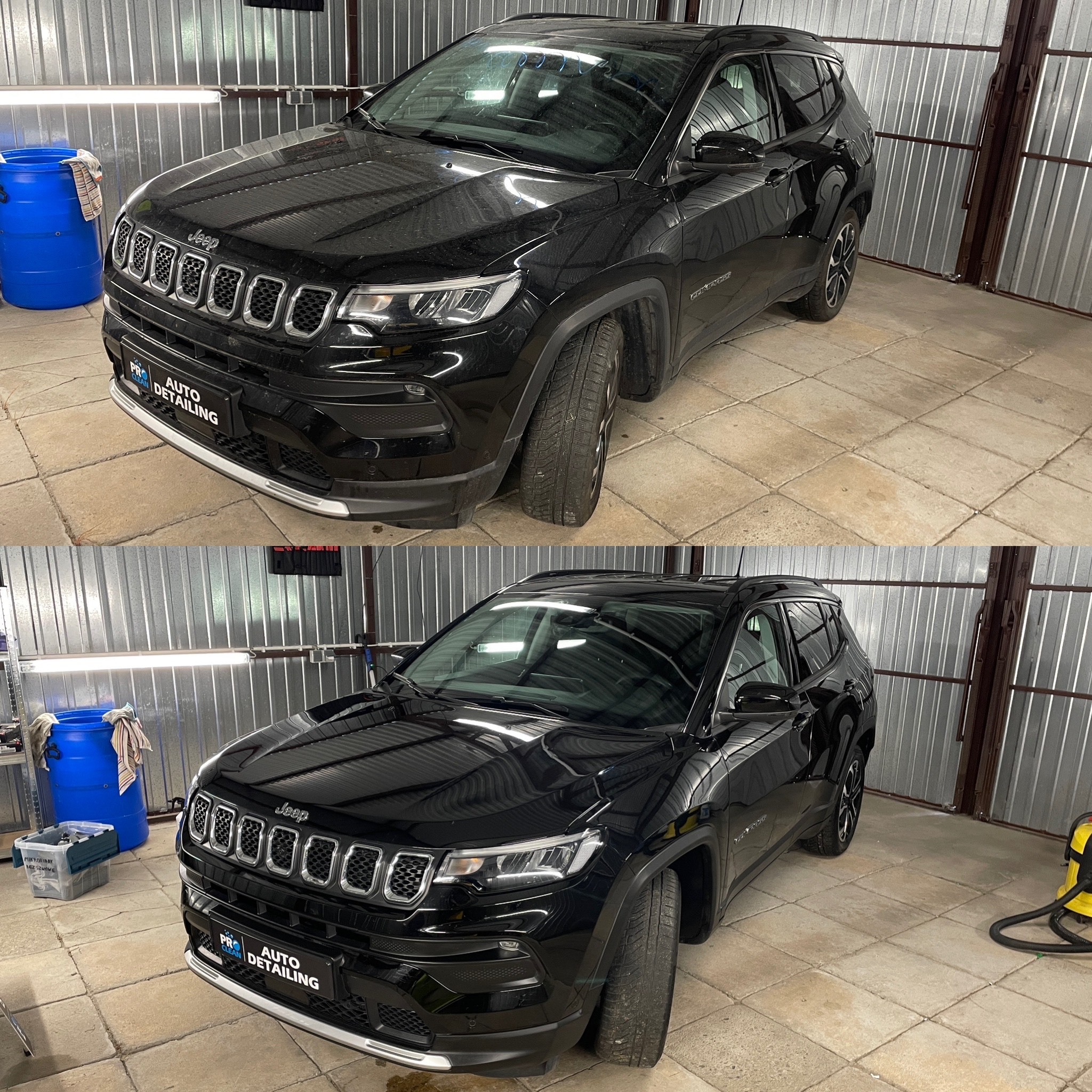 Czarne auto Jeep Compass przed i po myciu w myjni. Górna część kadru pokazuje auto zabrudzone, dolna po umyciu. Widoczne detale karoserii i oświetlenie.