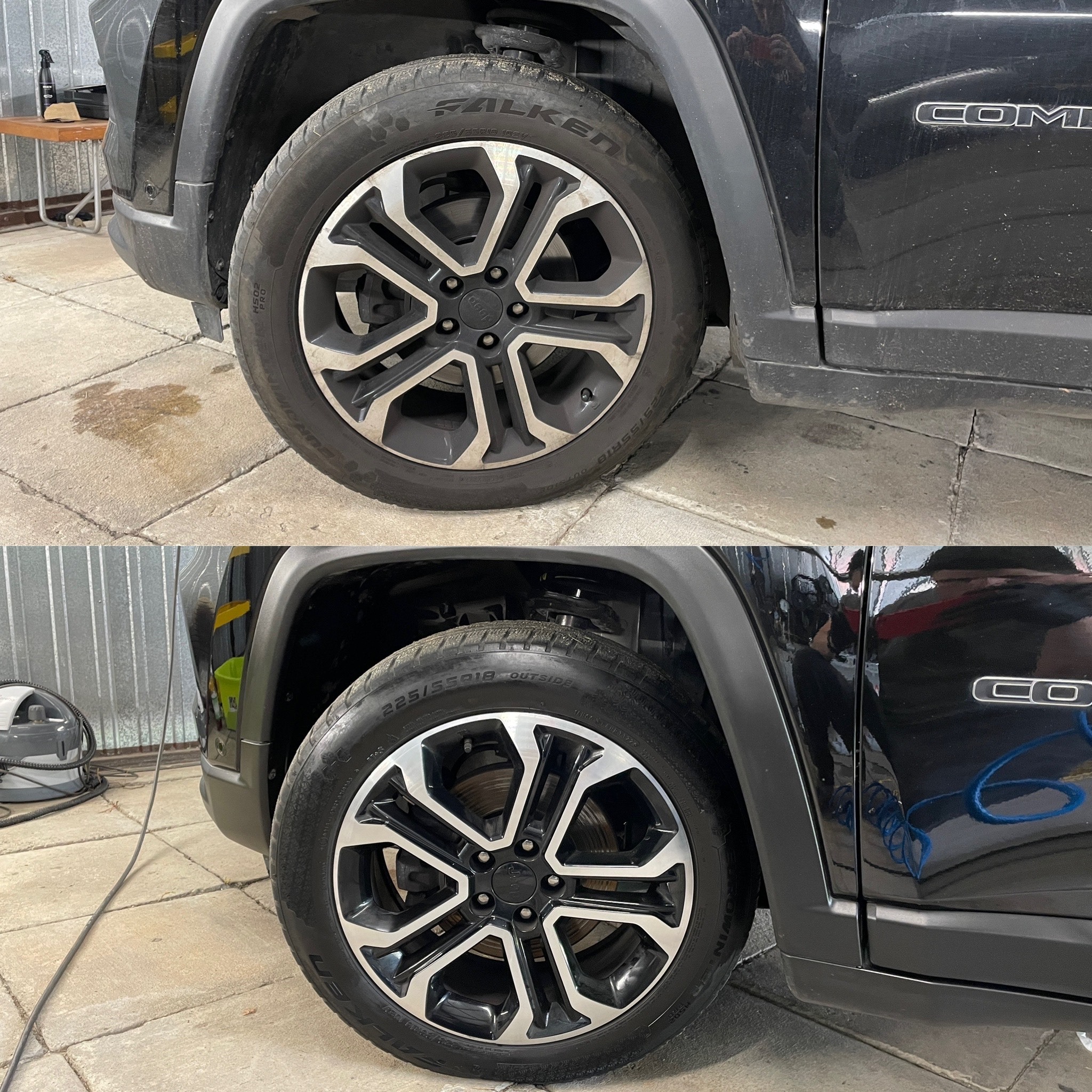 Auto Jeep Compass przed i po umyciu felg i karoserii. Widoczne różnice w czystości opon oraz blasku lakieru. Detailing samochodowy.