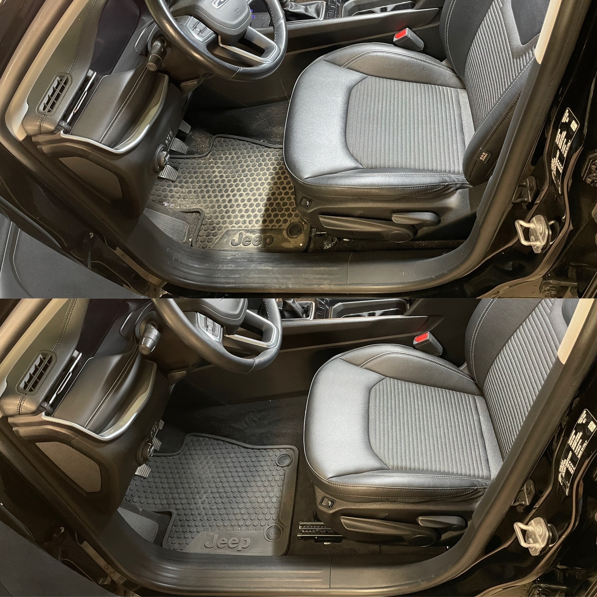 Wnętrze Jeepa: fotel i dywanik przed i po czyszczeniu. Widoczna różnica w czystości dywanika i ogólnym wyglądzie wnętrza pojazdu.