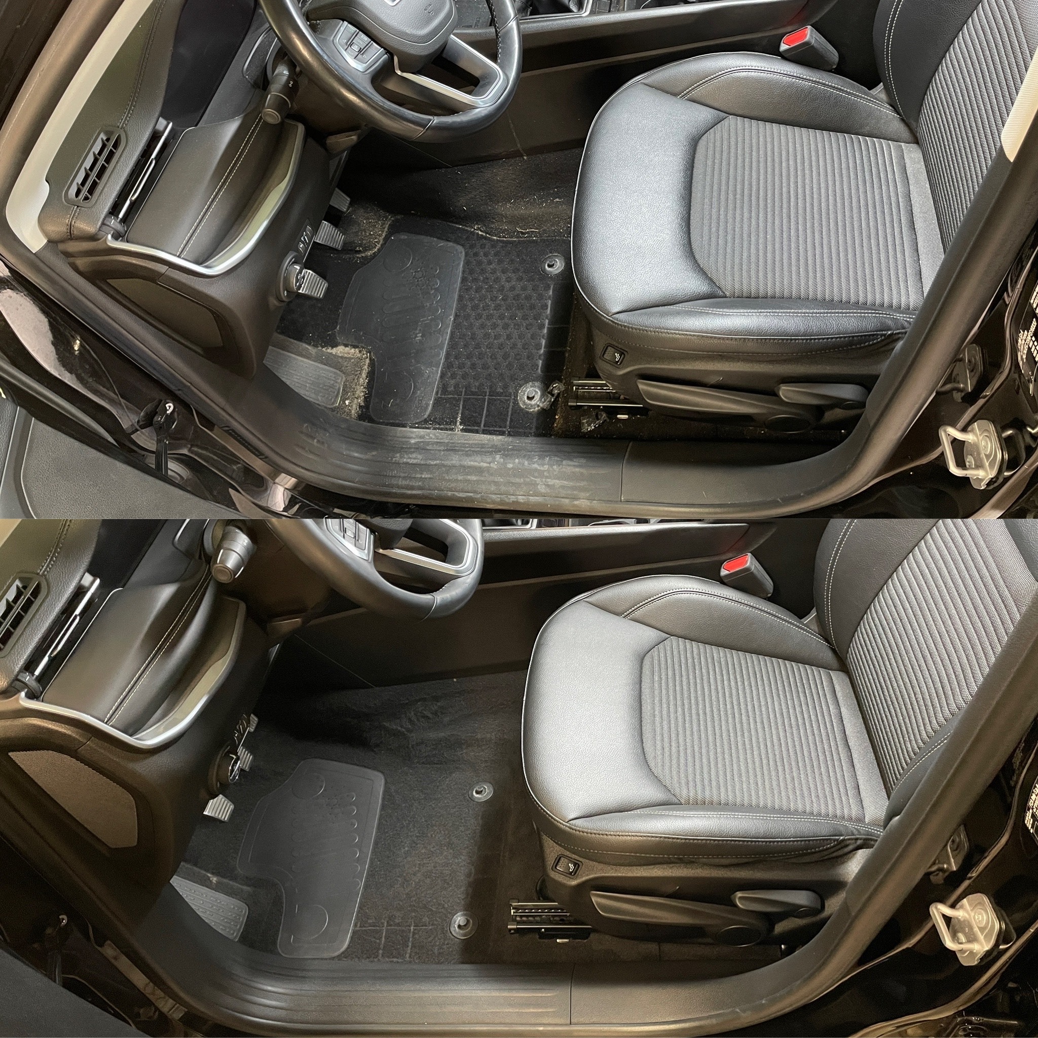 Pranie tapicerki samochodowej: porównanie stanu przed i po czyszczeniu. Widoczne różnice w czystości dywaników i fotela kierowcy w czarnym aucie.
