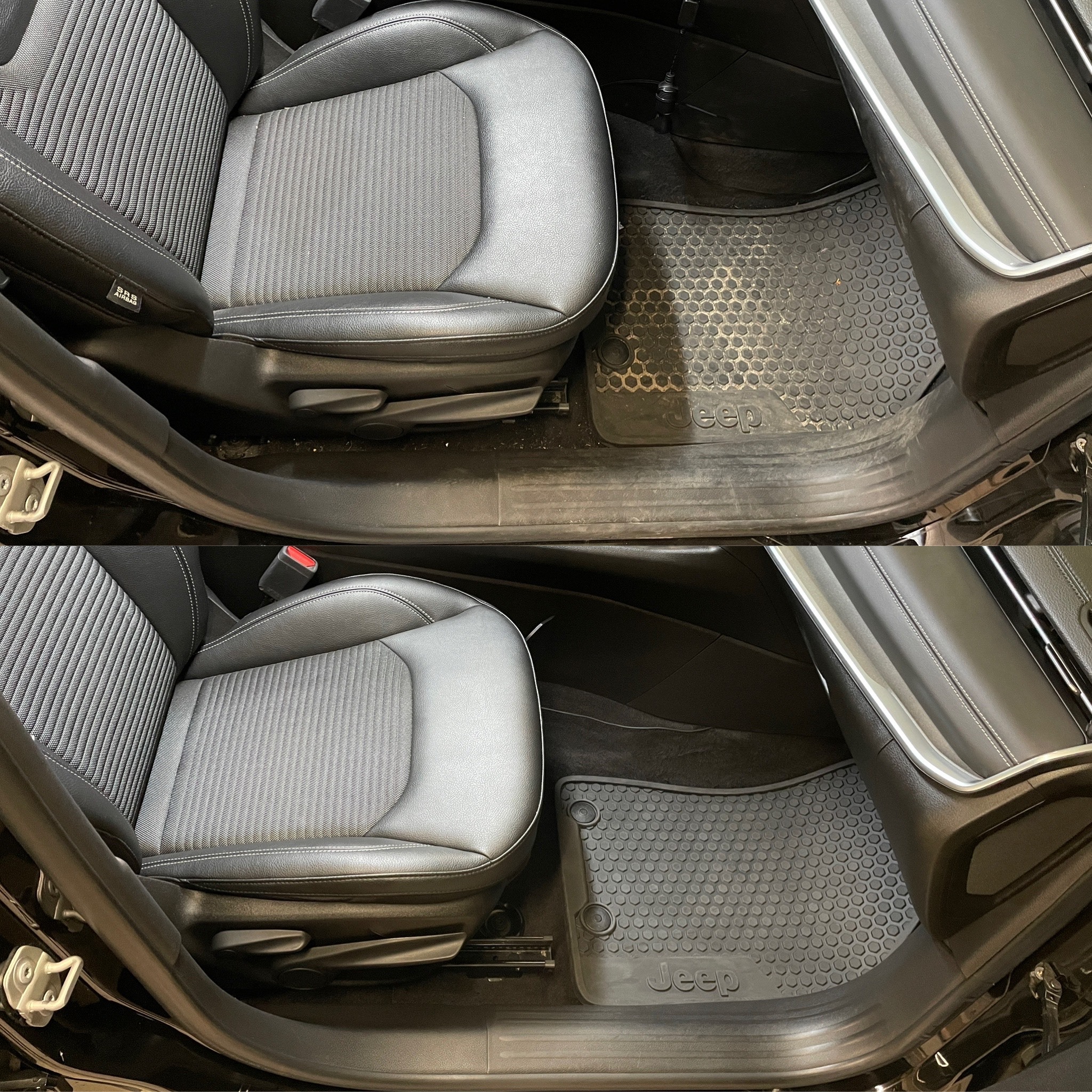 Auto Jeep: porównanie czystości dywanika i tapicerki fotela przed i po czyszczeniu. Widoczne detale jak faktura materiału i logo Jeep na dywaniku.
